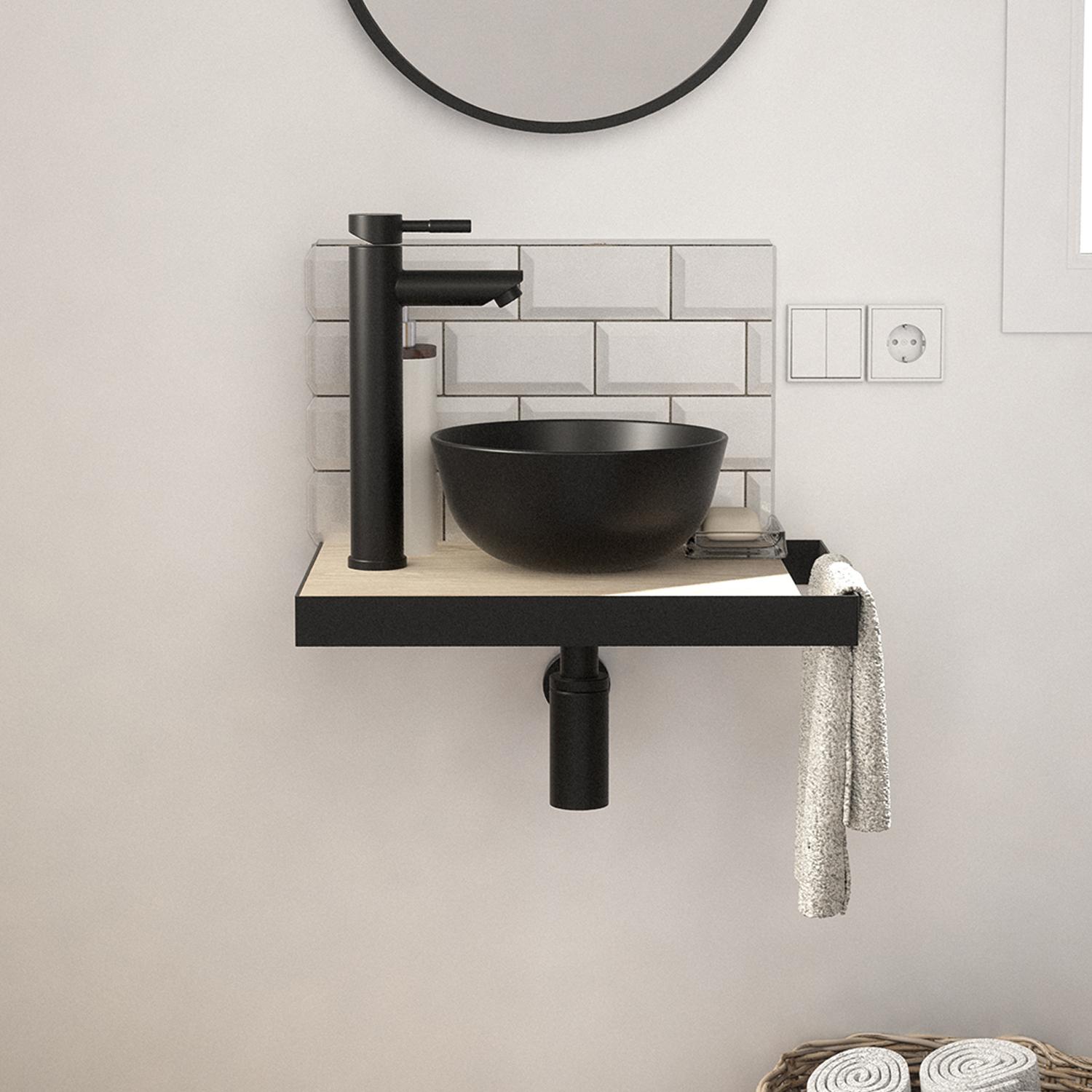 Meuble lave-mains plan fin porte-serviettes côté + vasque noire + robinet