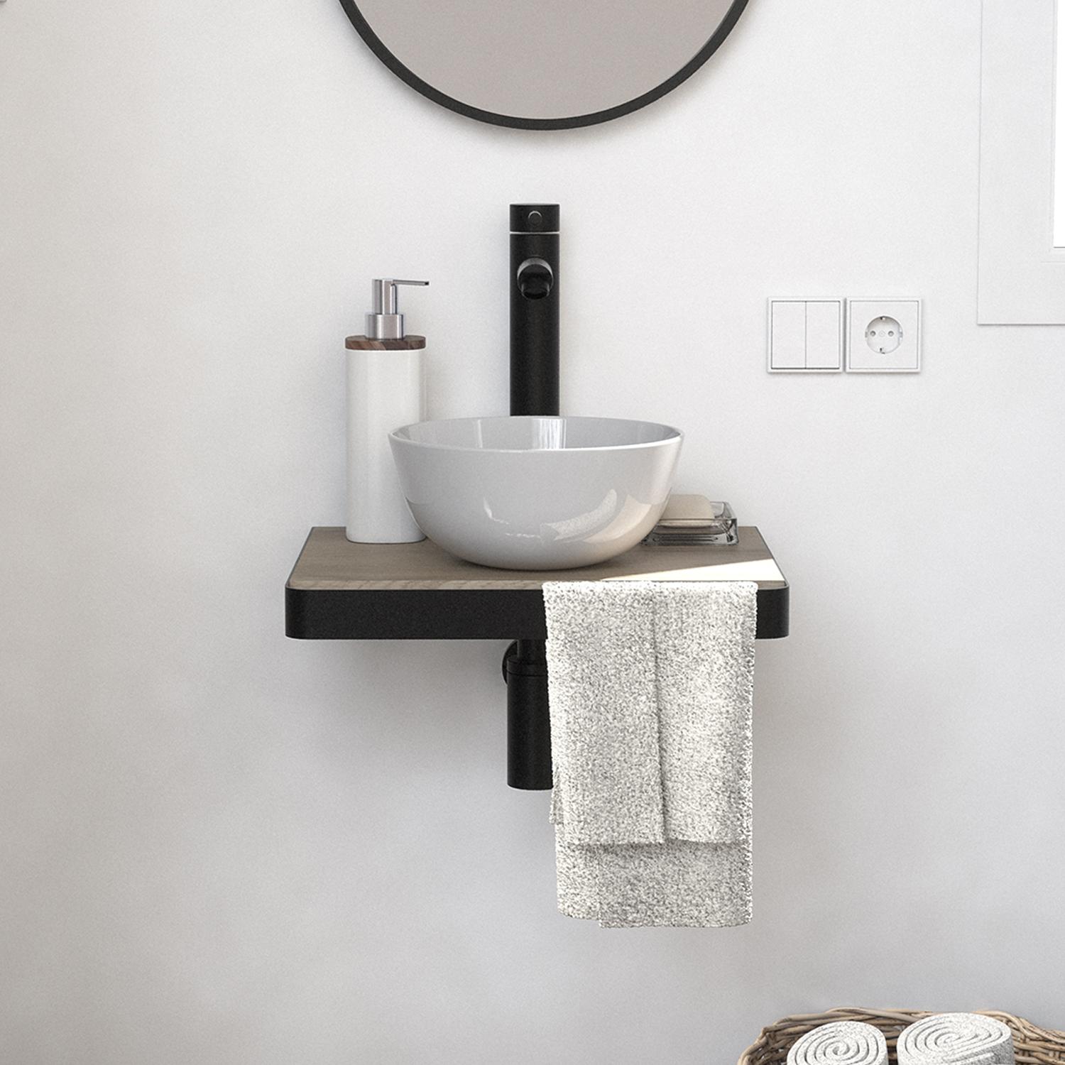 Meuble lave-mains plan fin porte-serviettes face + vasque blanche + robinet
