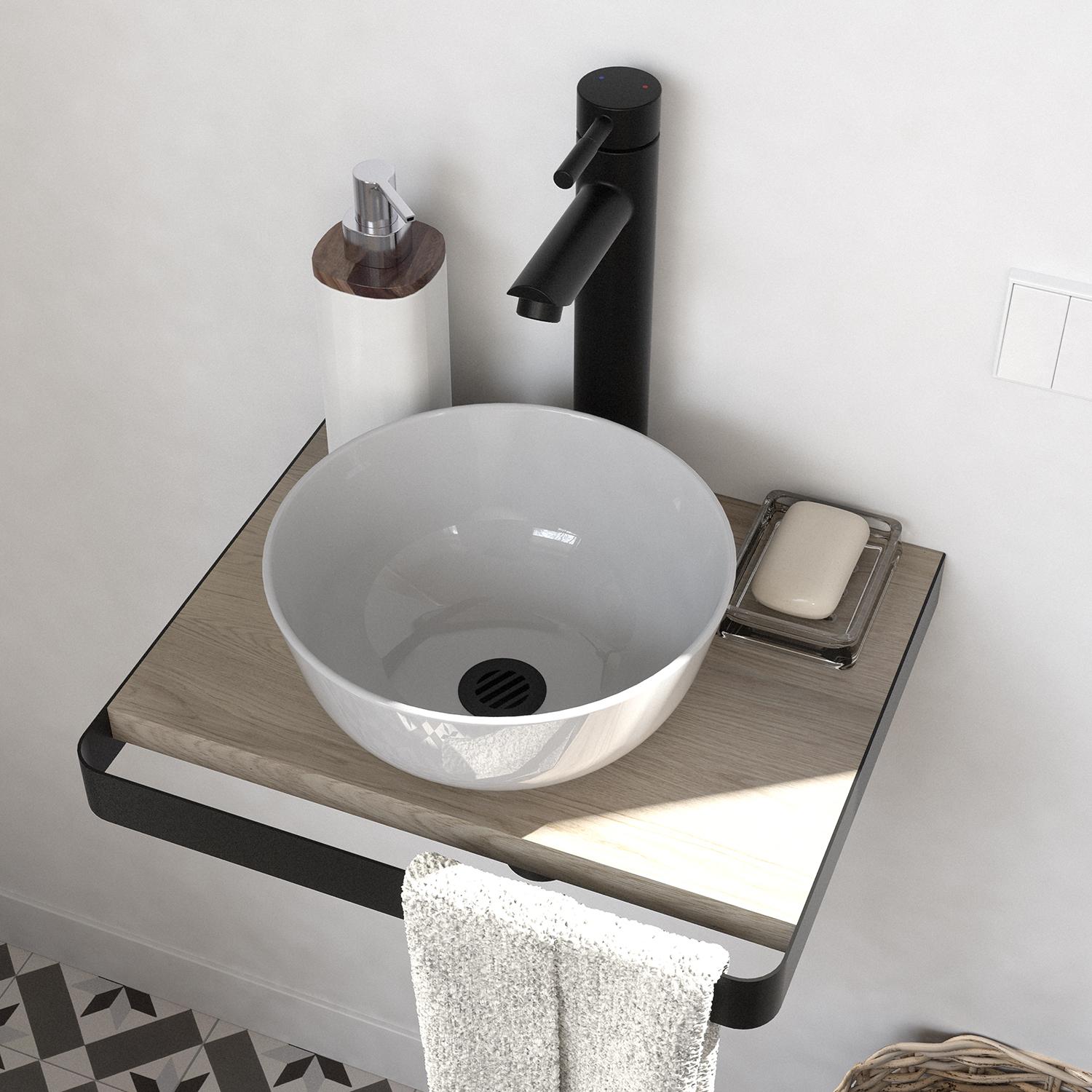 Meuble lave-mains plan fin porte-serviettes face + vasque blanche