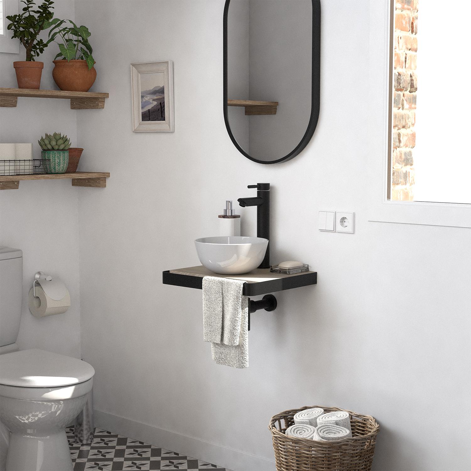 Meuble lave-mains plan fin porte-serviettes face + vasque blanche