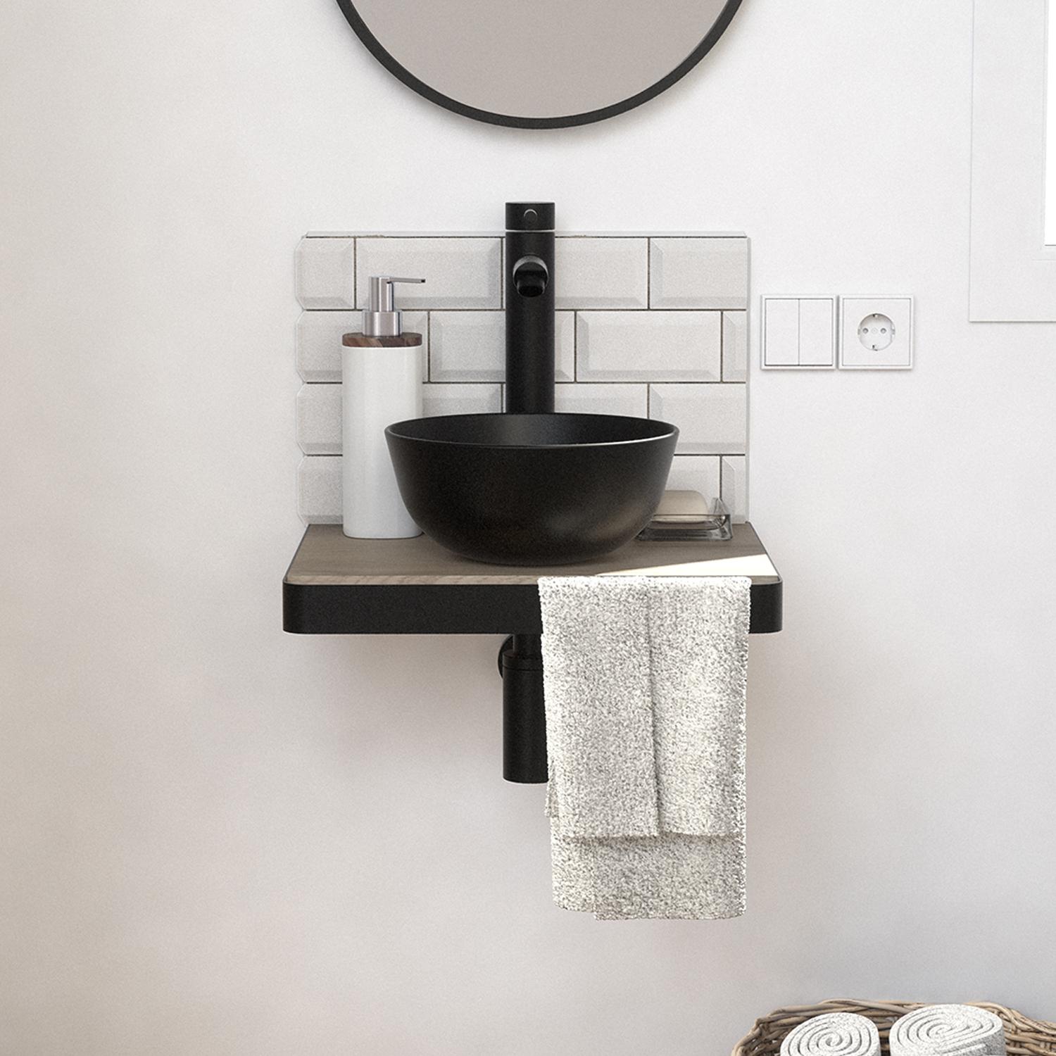 Meuble lave-mains plan fin porte-serviettes face + vasque noire