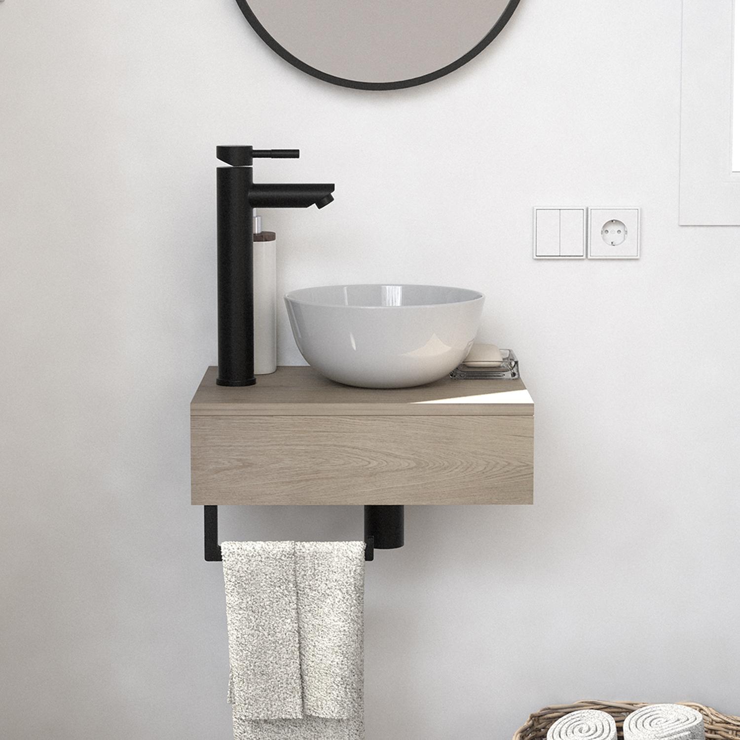 Meuble lave-mains plan épais porte-serviettes dessous + vasque blanche