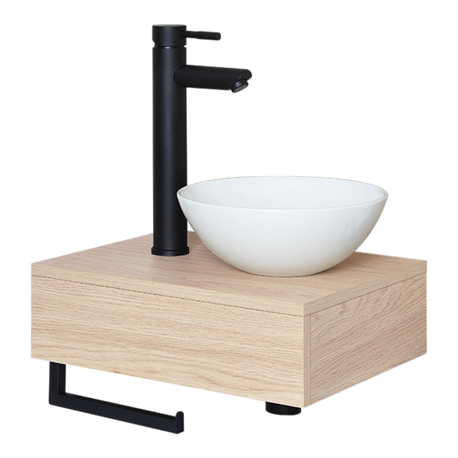 Meuble lave-mains plan fin porte-serviettes dessous + vasque blanche + robinet
