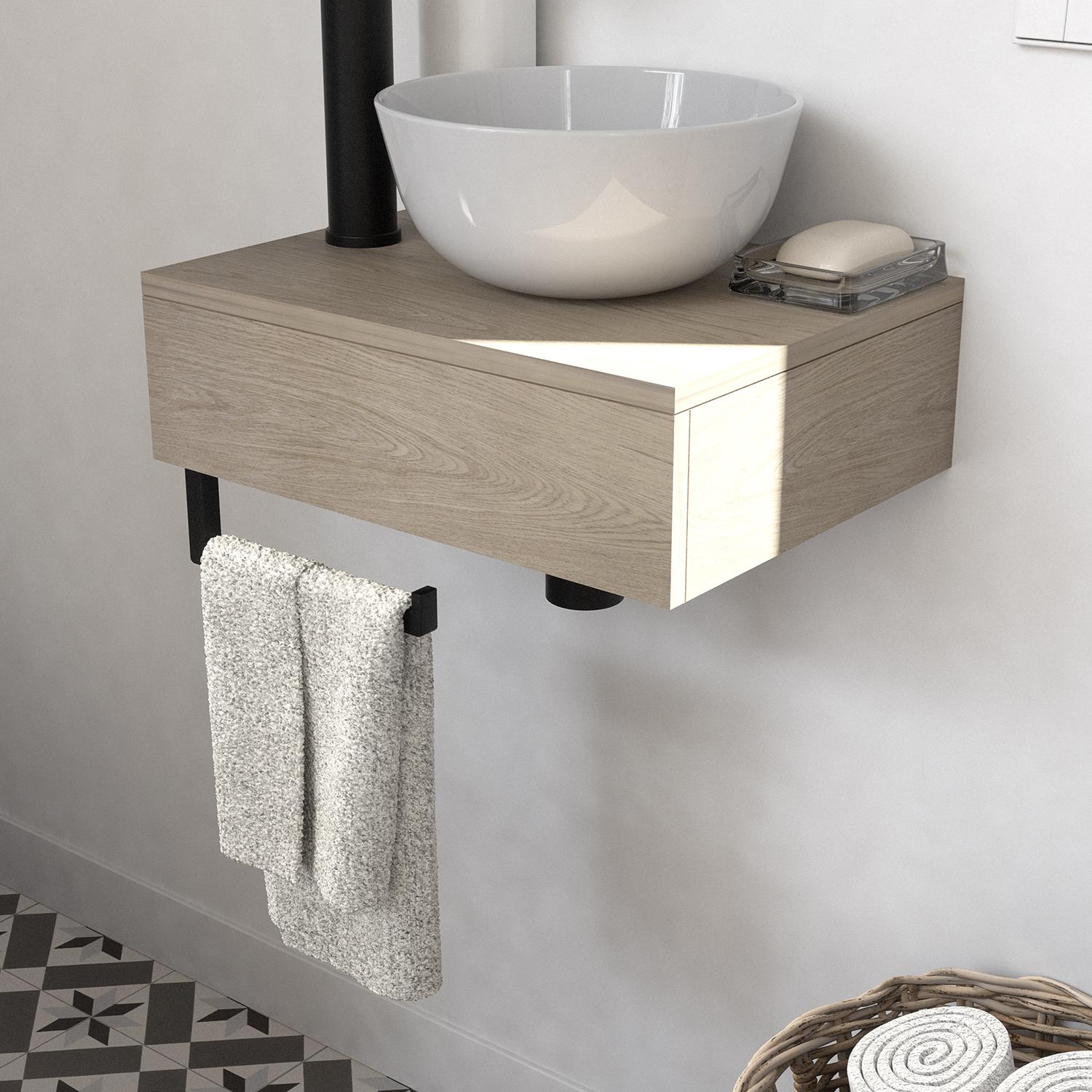 Meuble lave-mains plan fin porte-serviettes dessous + vasque blanche + robinet
