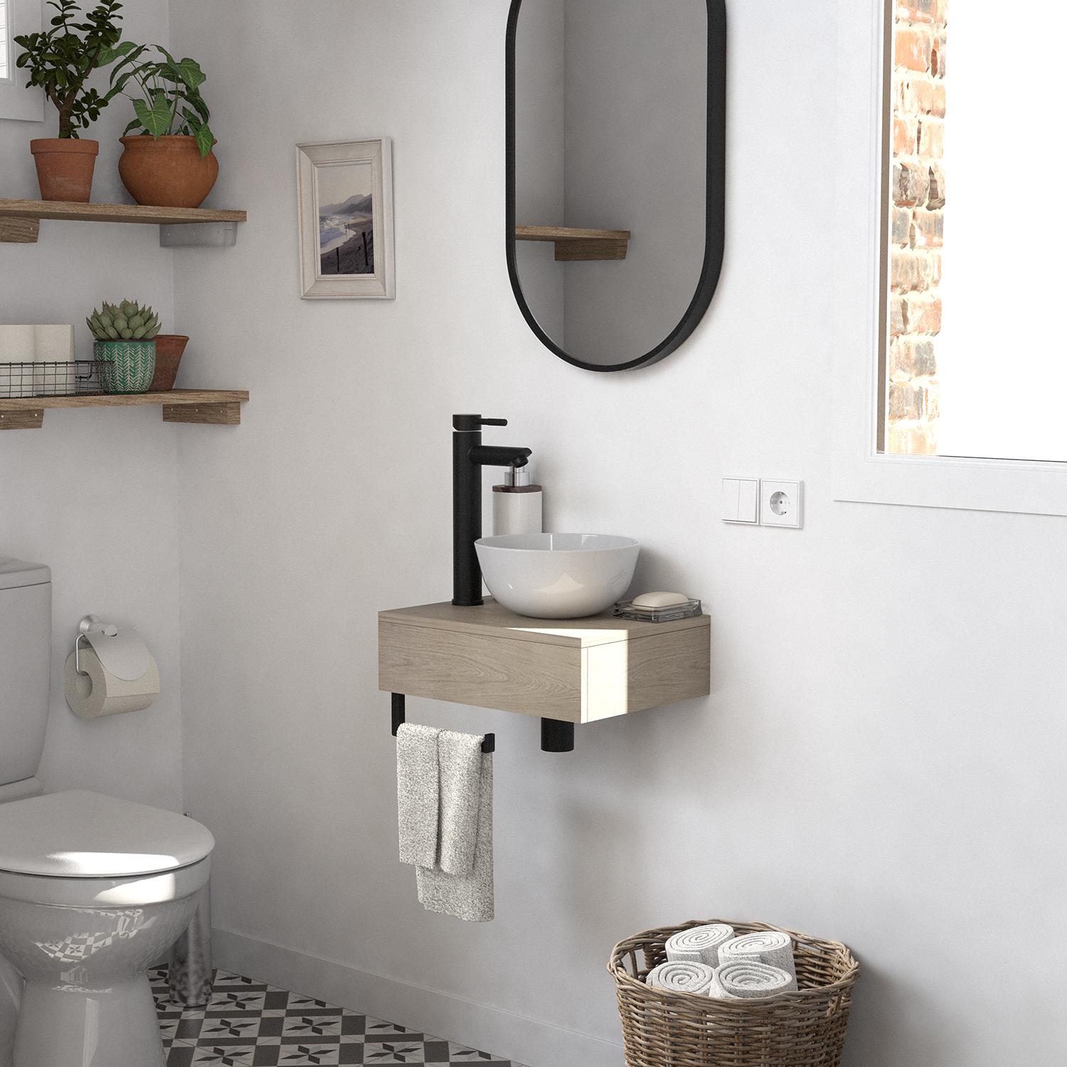 Meuble lave-mains plan fin porte-serviettes dessous + vasque blanche + robinet