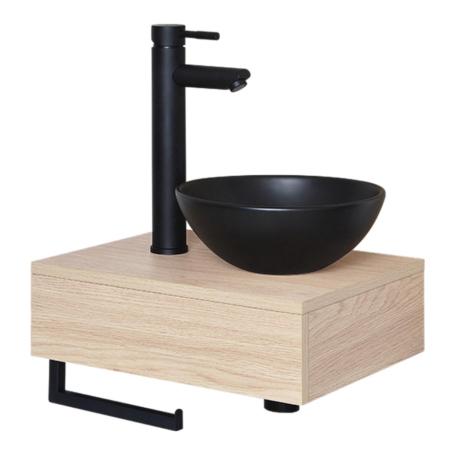 Meuble lave-mains plan épais porte-serviettes dessous + vasque noire + robinet