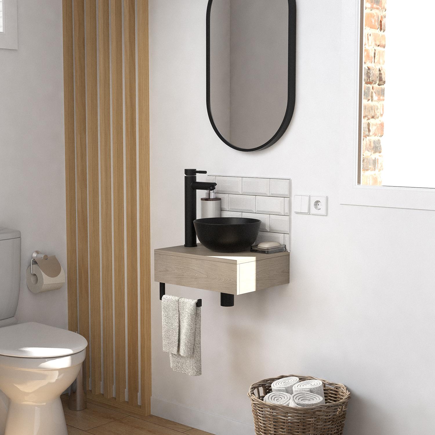 Meuble lave-mains plan épais porte-serviettes dessous + vasque noire + robinet