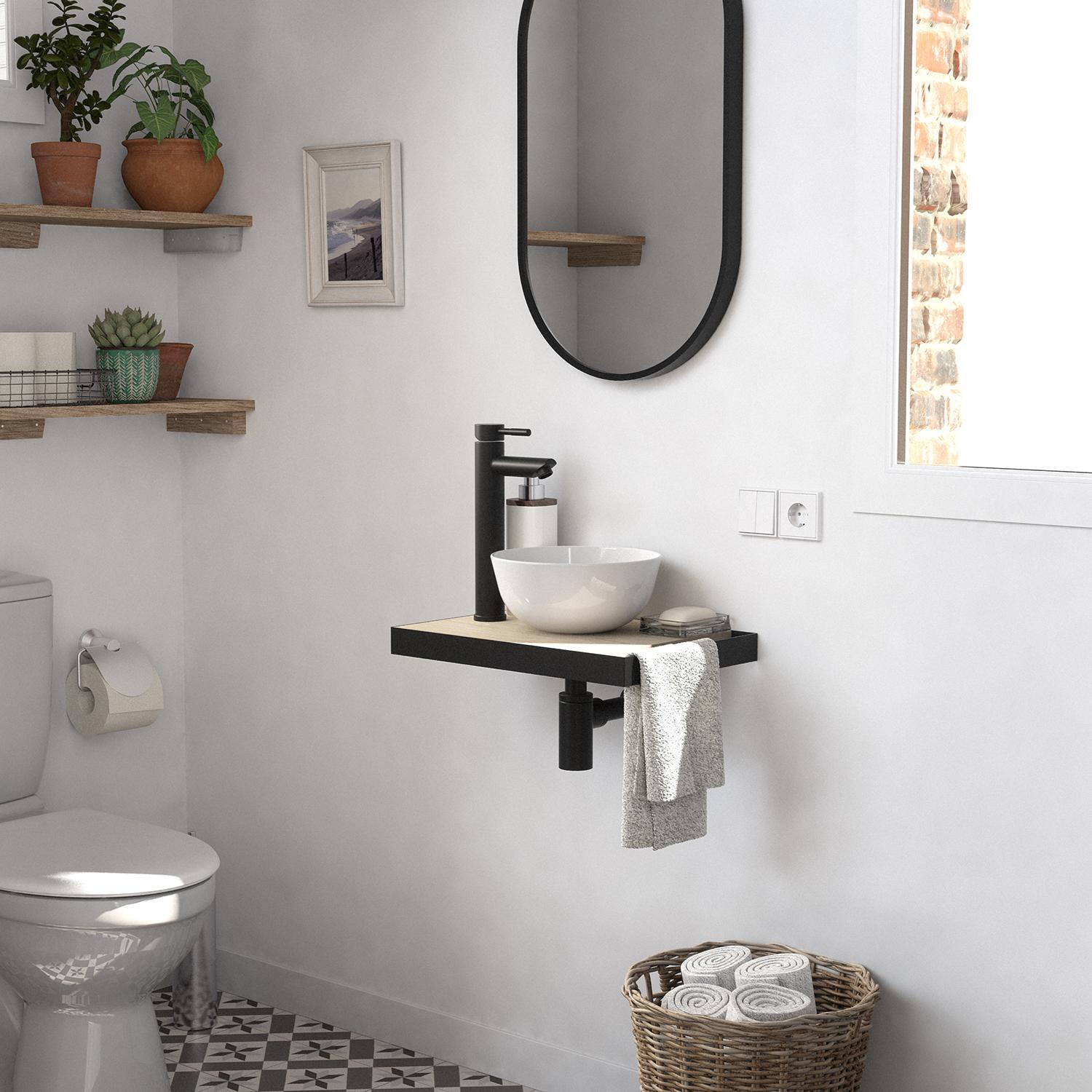 Meuble lave-mains plan fin porte-serviettes côté + vasque blanche