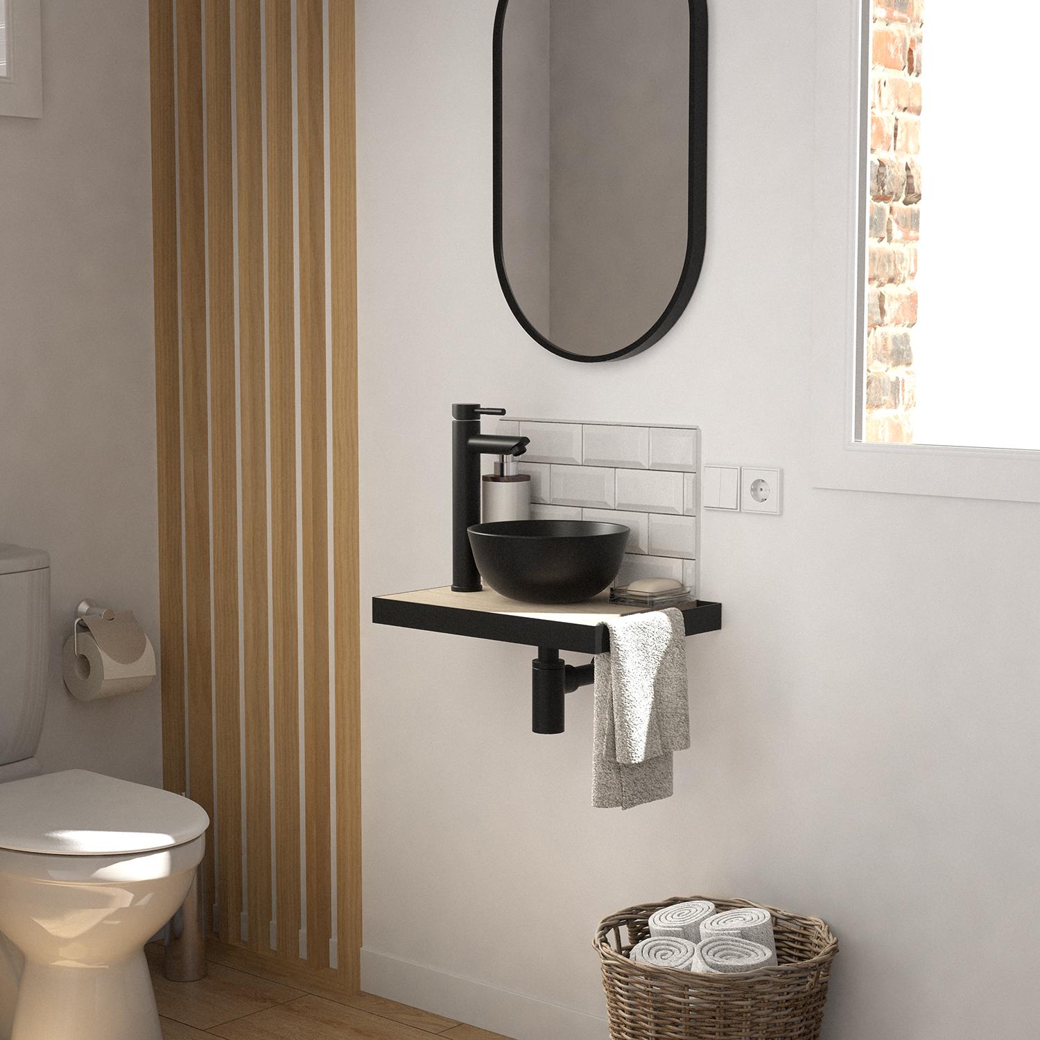 Meuble lave-mains plan fin porte-serviettes côté + vasque noire