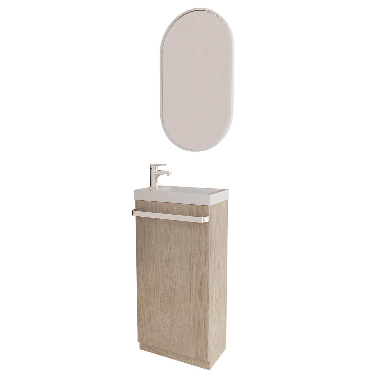 Ensemble lave-mains sur pieds décor chêne + robinet + miroir