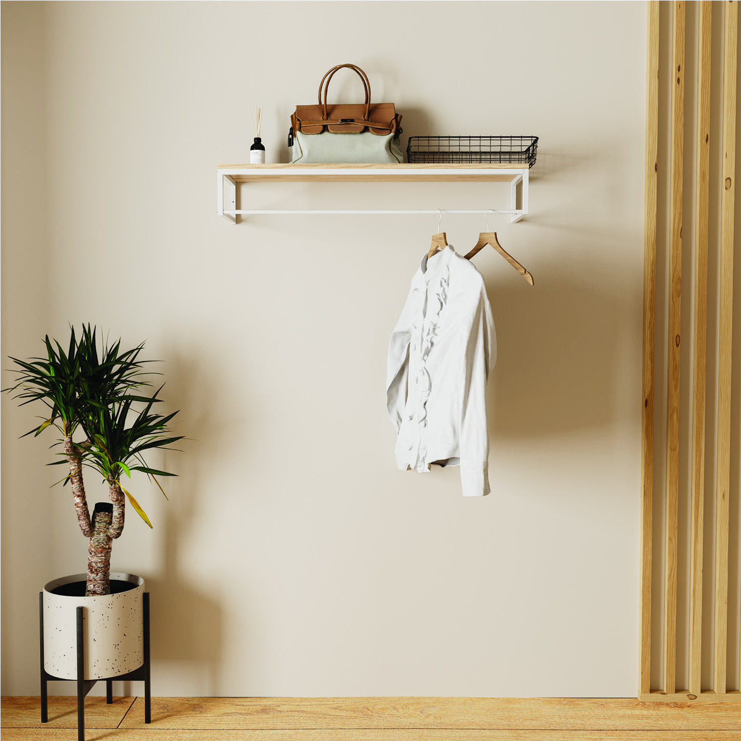 Penderie étagère murale bois et métal blanc L90cm