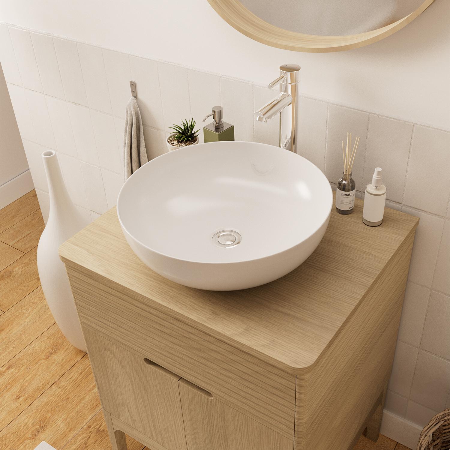 Ensemble meuble simple vasque 60 cm chêne naturel + vasque + robinet + miroir