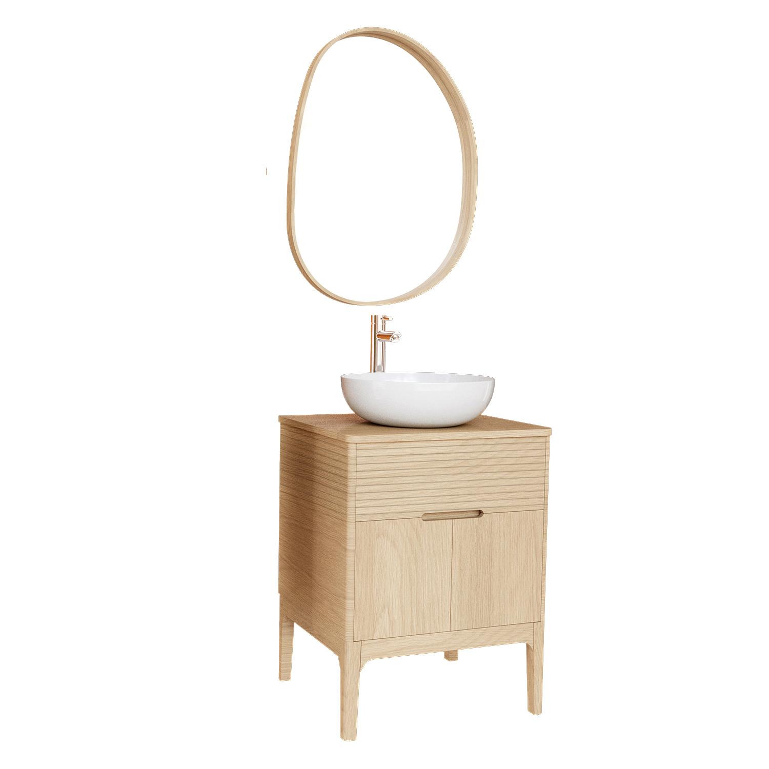 Ensemble meuble simple vasque 60 cm chêne naturel + vasque + robinet + miroir