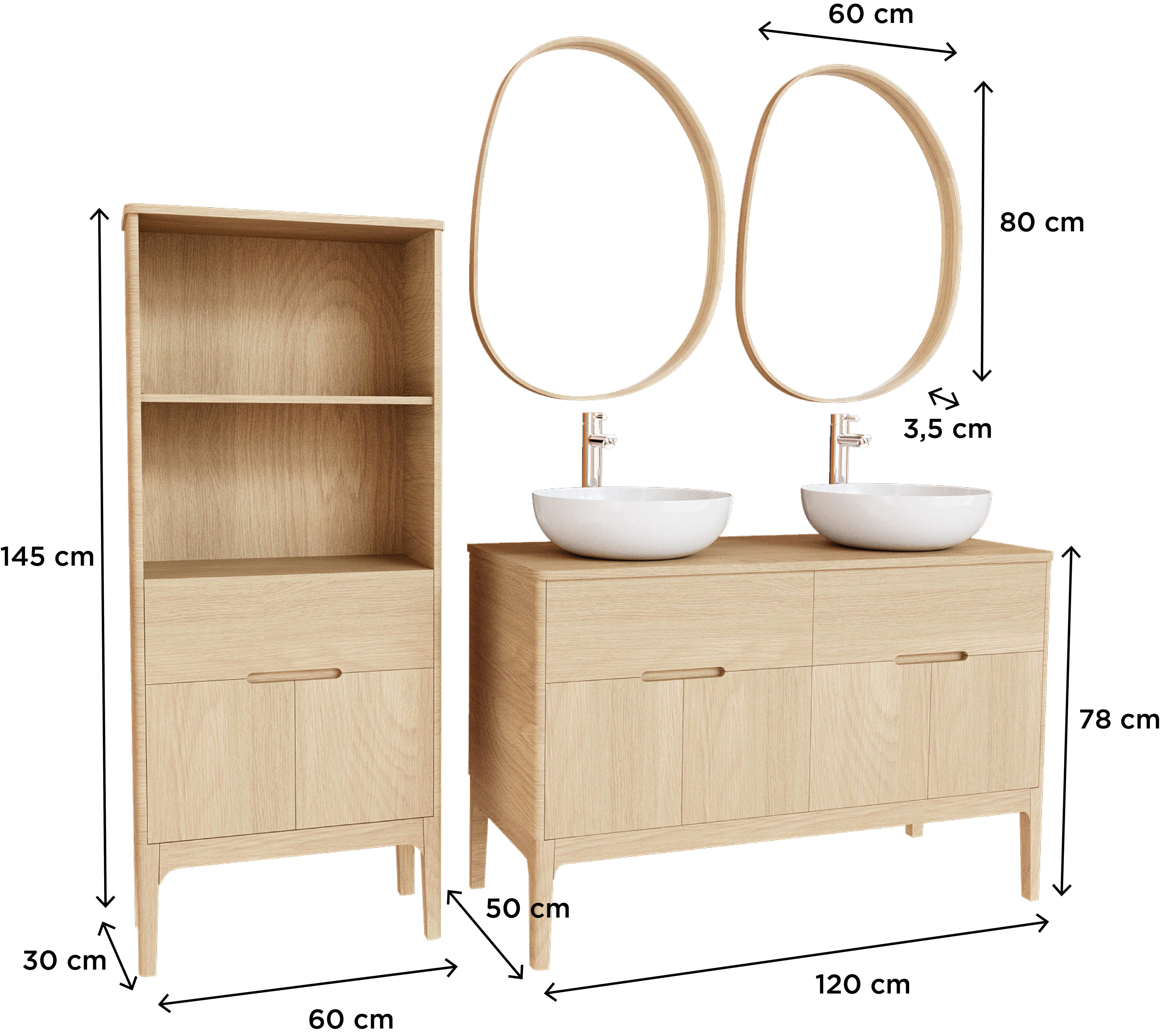 Ensemble meuble double vasque 120 cm chêne naturel + 2 vasques + 2 robinets + 2 miroirs + colonne