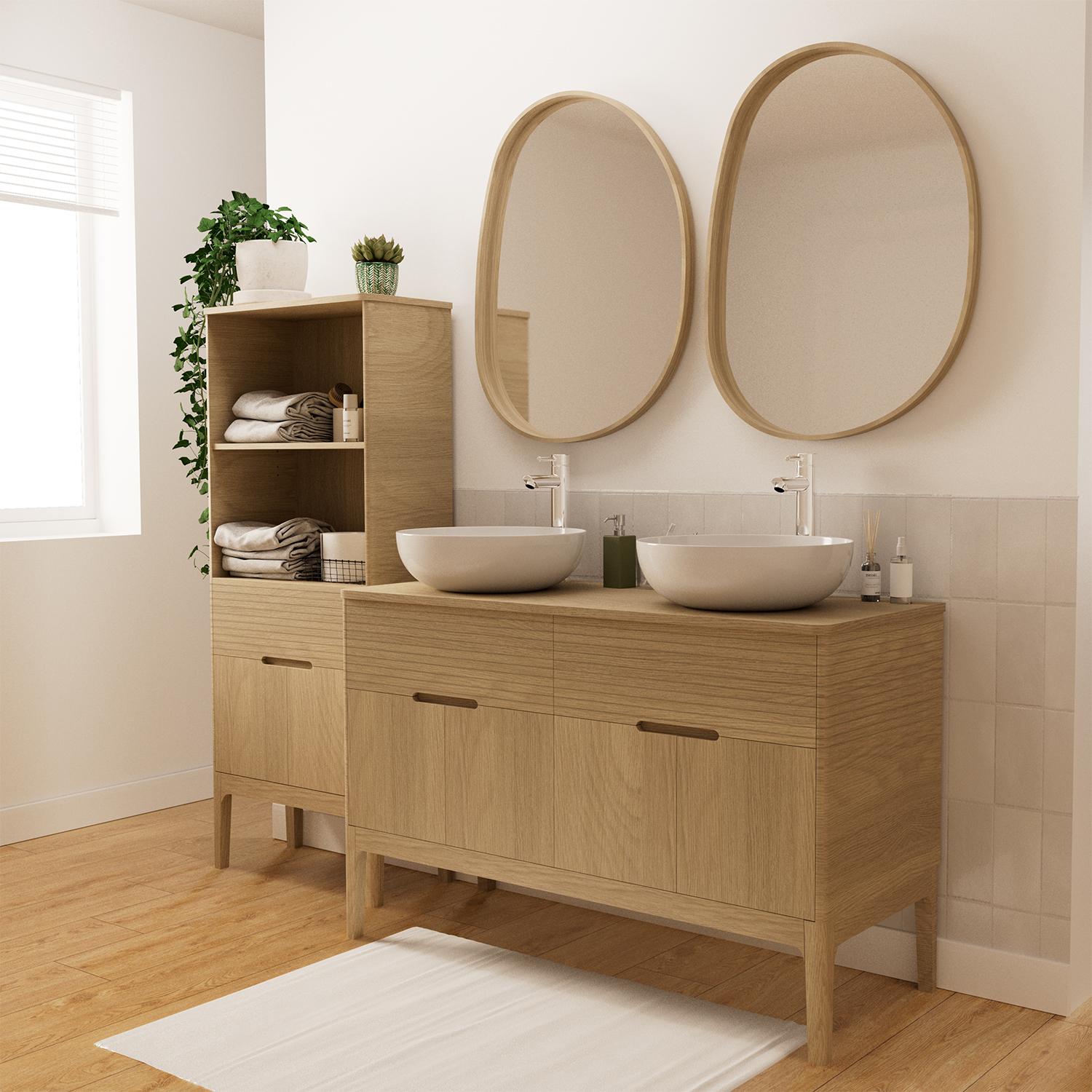 Ensemble meuble double vasque 120 cm chêne naturel + 2 vasques + 2 robinets + 2 miroirs + colonne