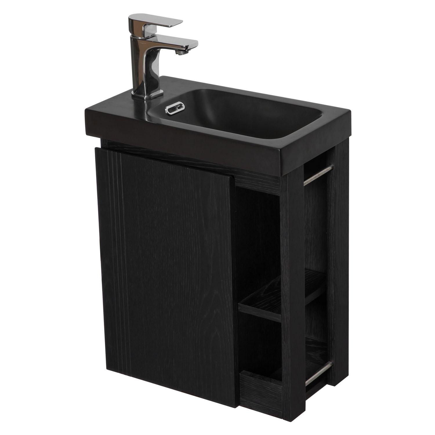 Ensemble meuble lave-mains chêne carbone vasque noire + robinet