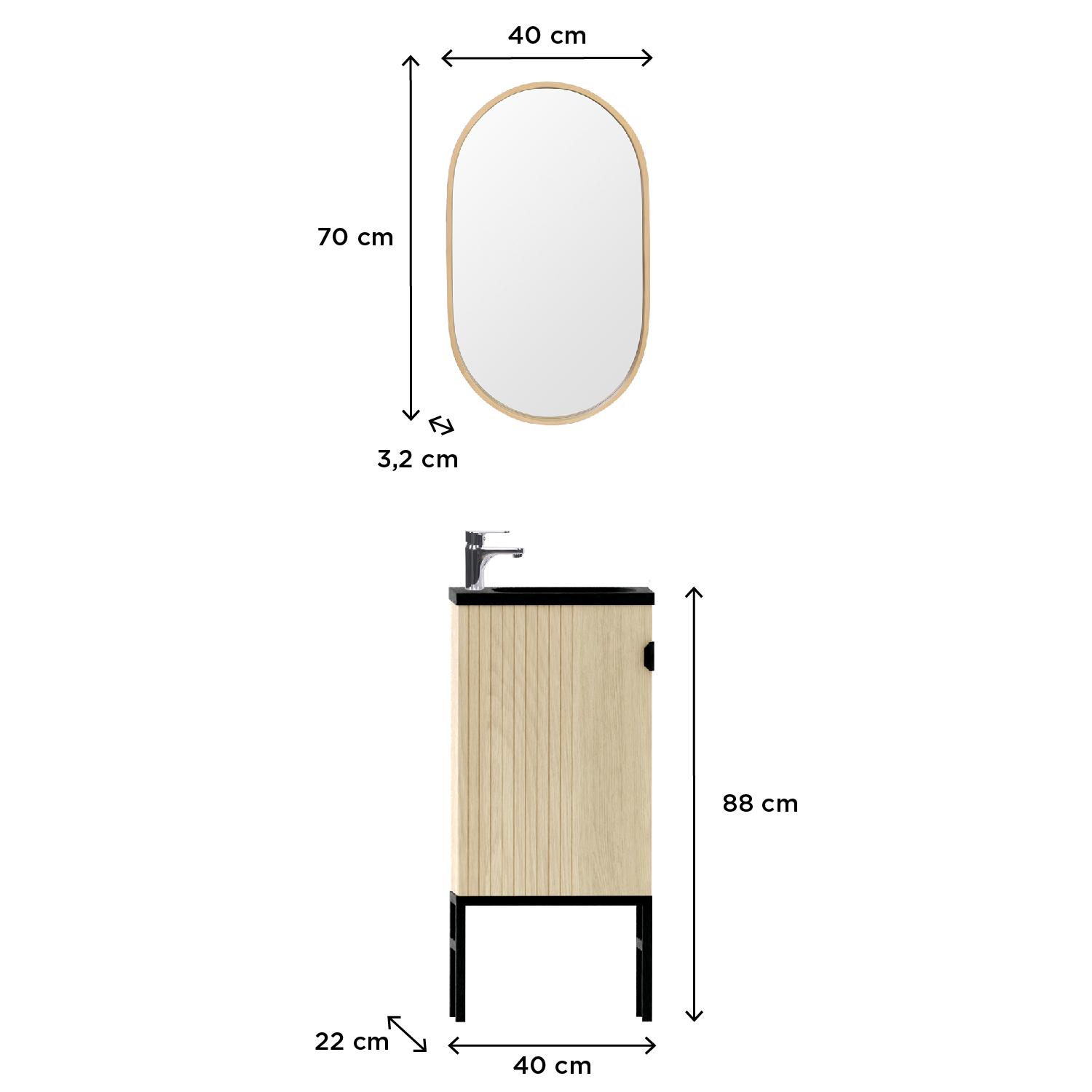 Ensemble meuble lave-mains sur pieds chêne carbone + robinet + miroir