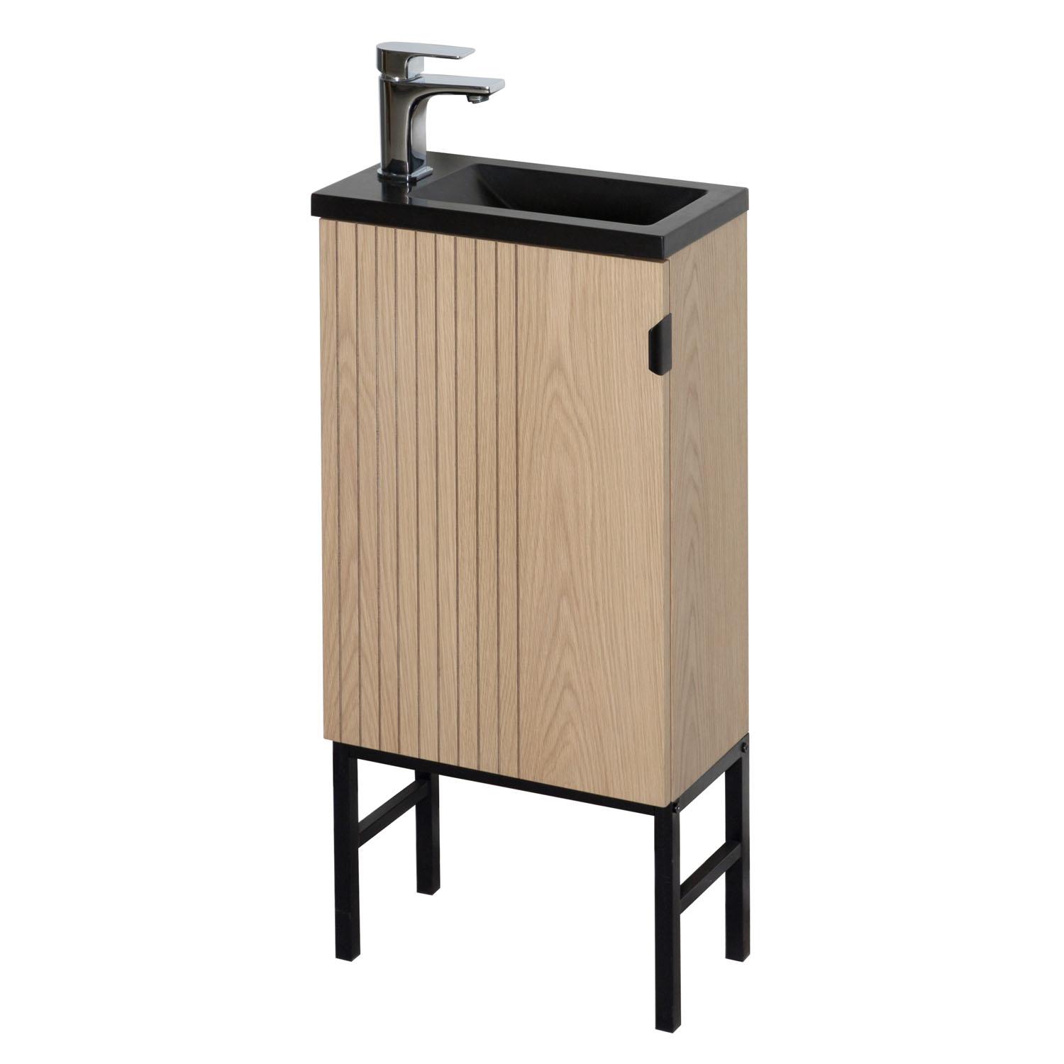 Ensemble meuble lave-mains sur pieds chêne carbone + robinet + miroir