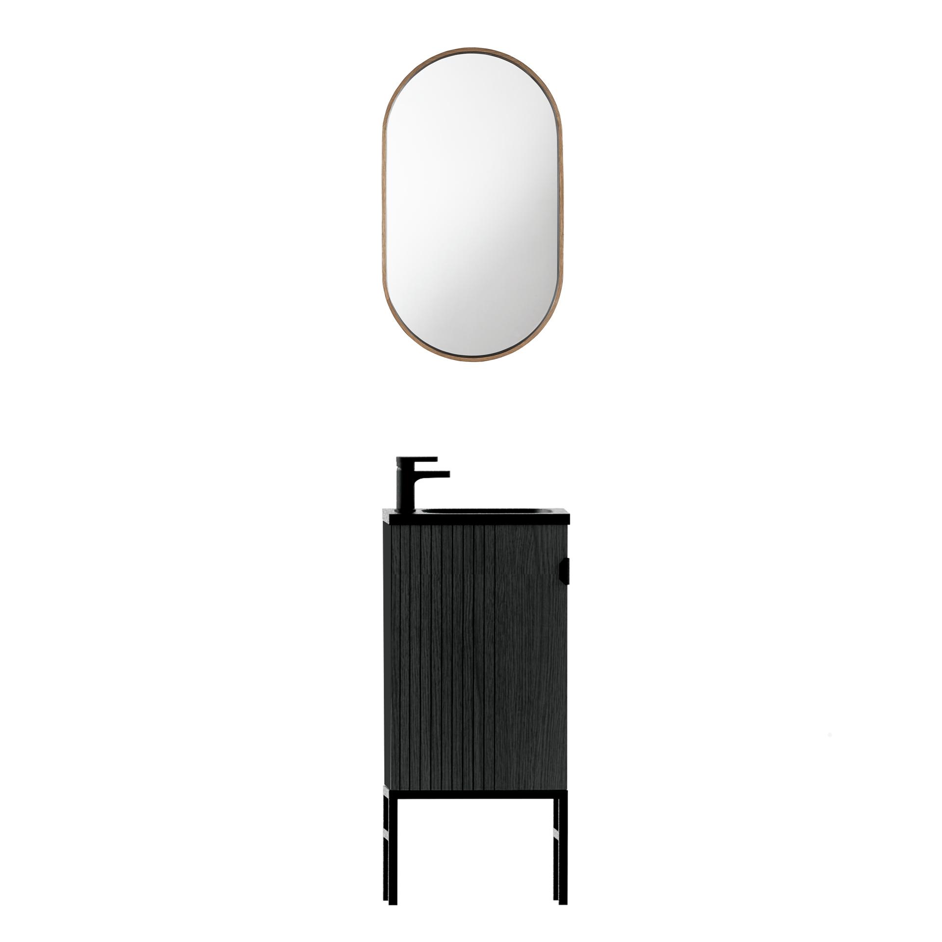 Ensemble meuble lave-mains décor chêne vasque noire + miroir