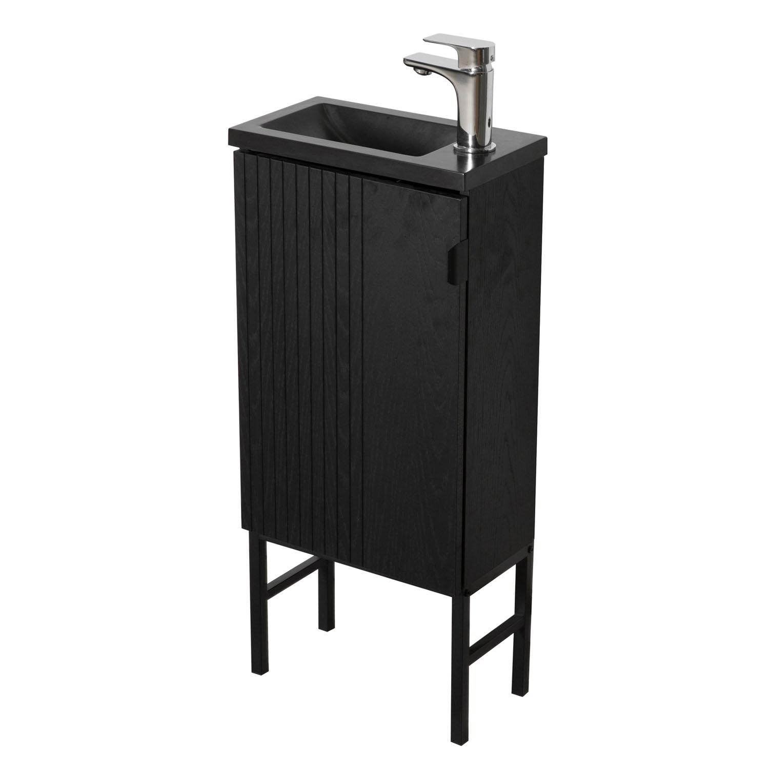 Ensemble meuble lave-mains décor chêne vasque noire + miroir