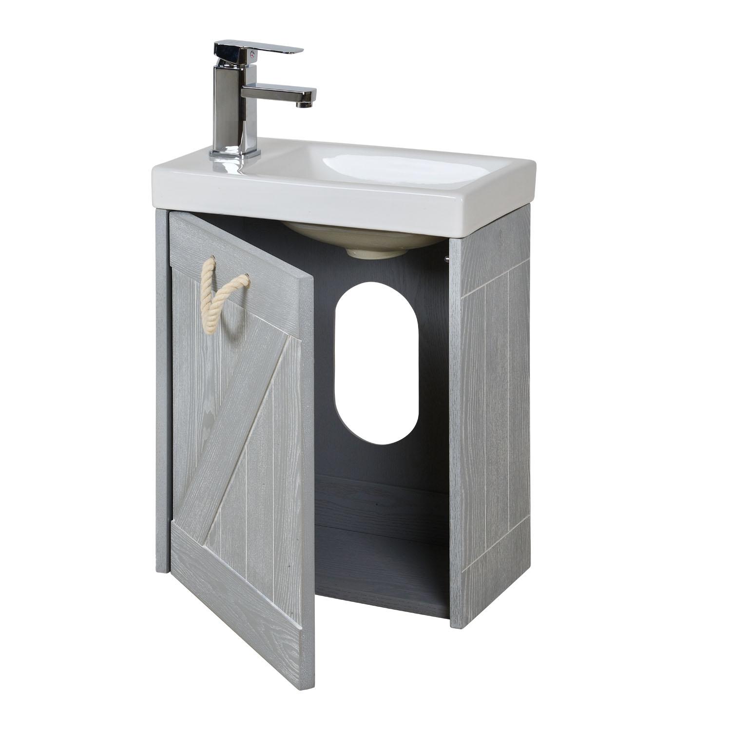 Meuble lave-mains gris bord de mer + robinet + miroir