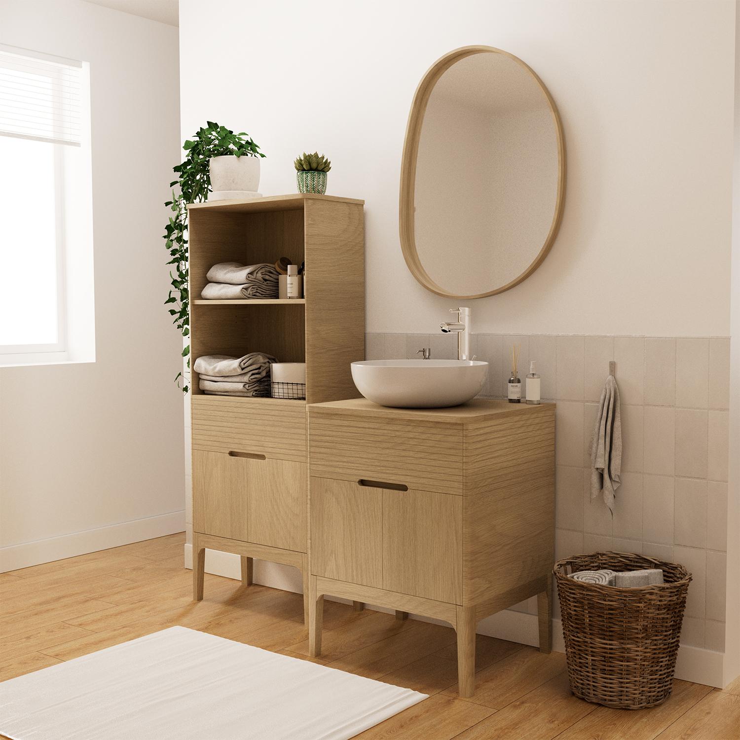 Ensemble meuble simple vasque 60 cm chêne naturel + vasque + robinet + miroir + colonne