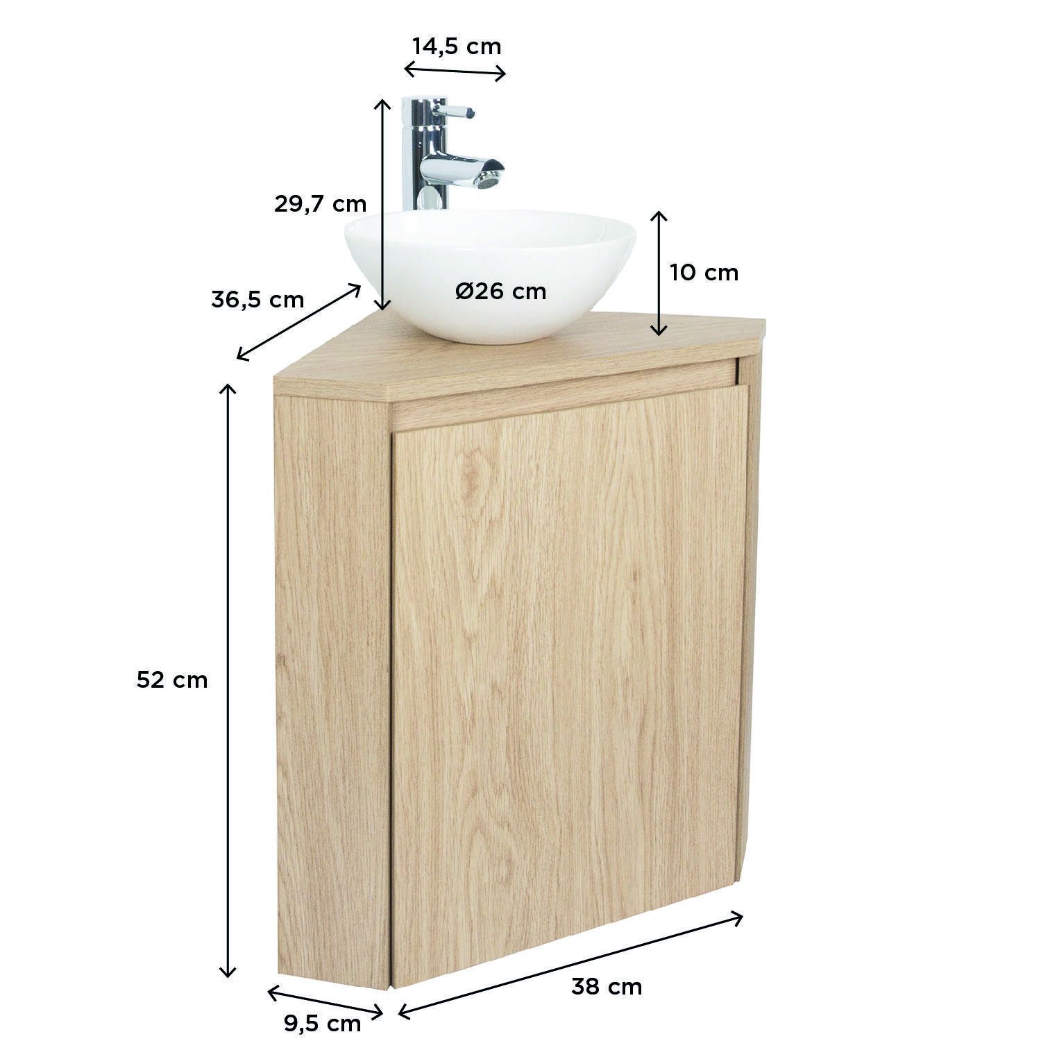 Ensemble lave-mains d'angle décor chêne + vasque + robinet