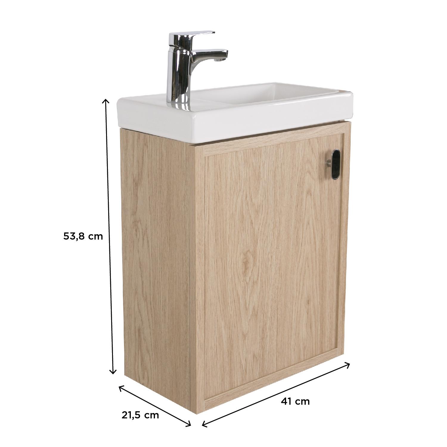 Ensemble meuble lave-mains décor chêne FRAME + robinet + miroir