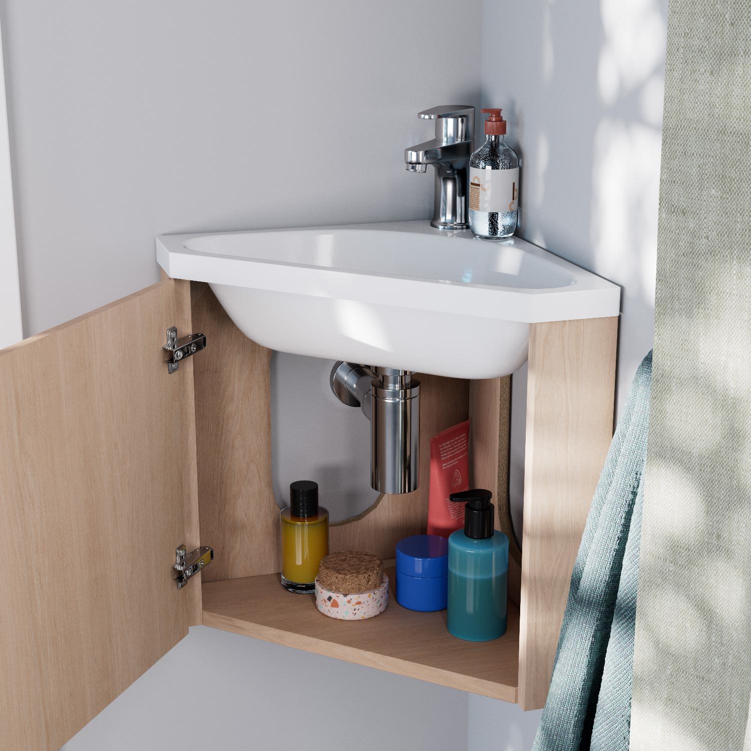 Ensemble meuble lave-mains d'angle décor chêne + Robinet + Armoire miroir