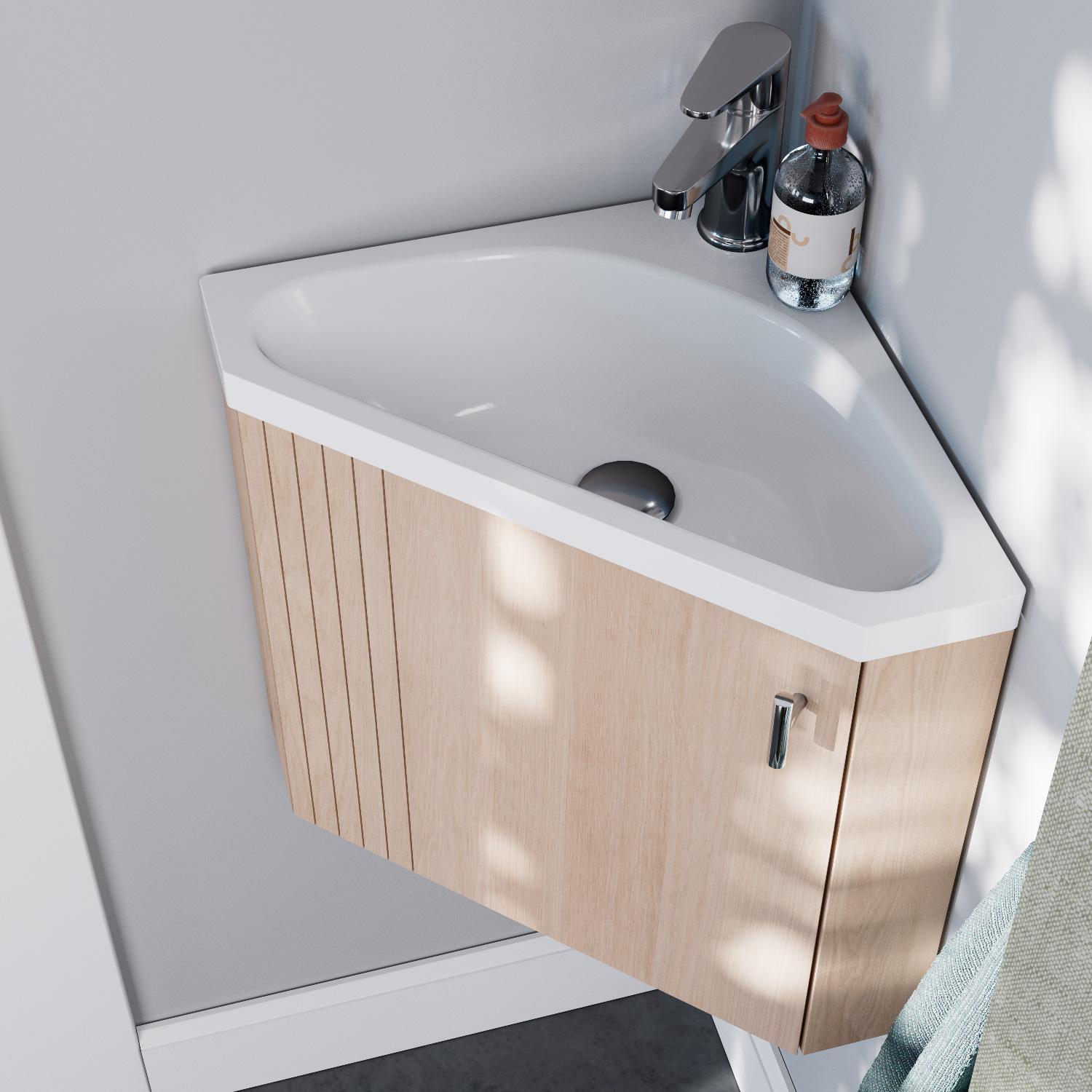 Ensemble meuble lave-mains d'angle décor chêne + Robinet
