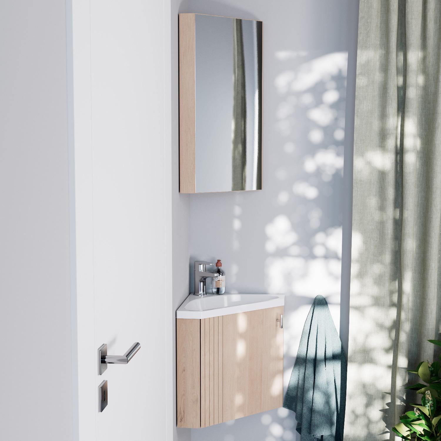 Ensemble meuble lave-mains d'angle décor chêne + Armoire miroir