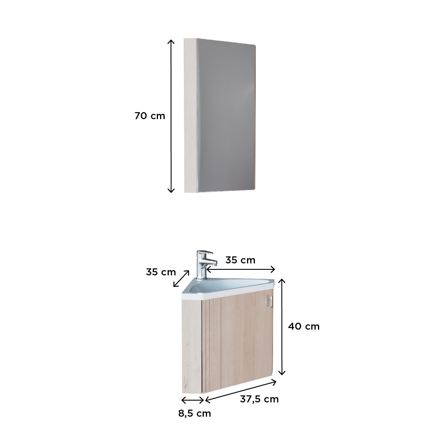 Ensemble meuble lave-mains d'angle décor chêne + Robinet + Armoire miroir