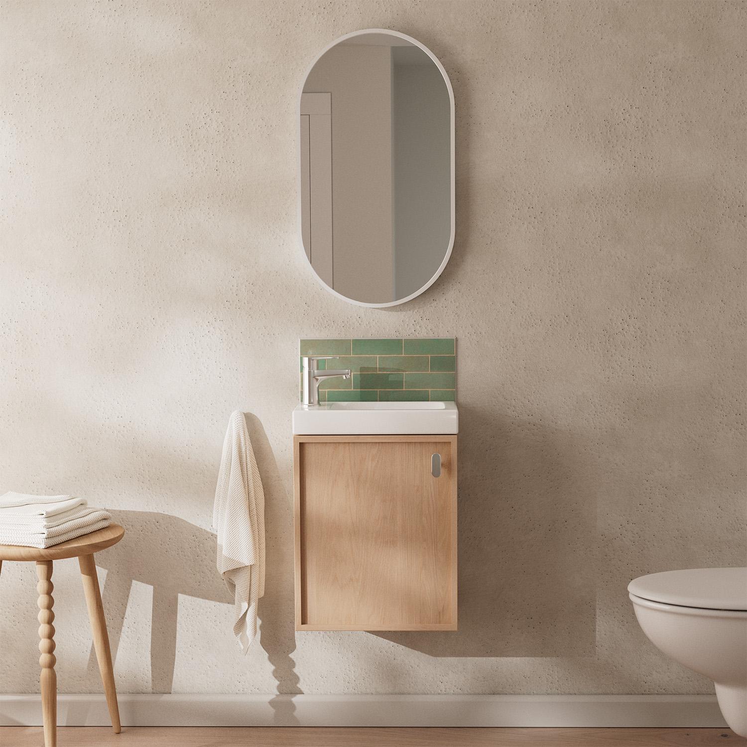 Ensemble meuble lave-mains décor chêne FRAME + robinet + miroir
