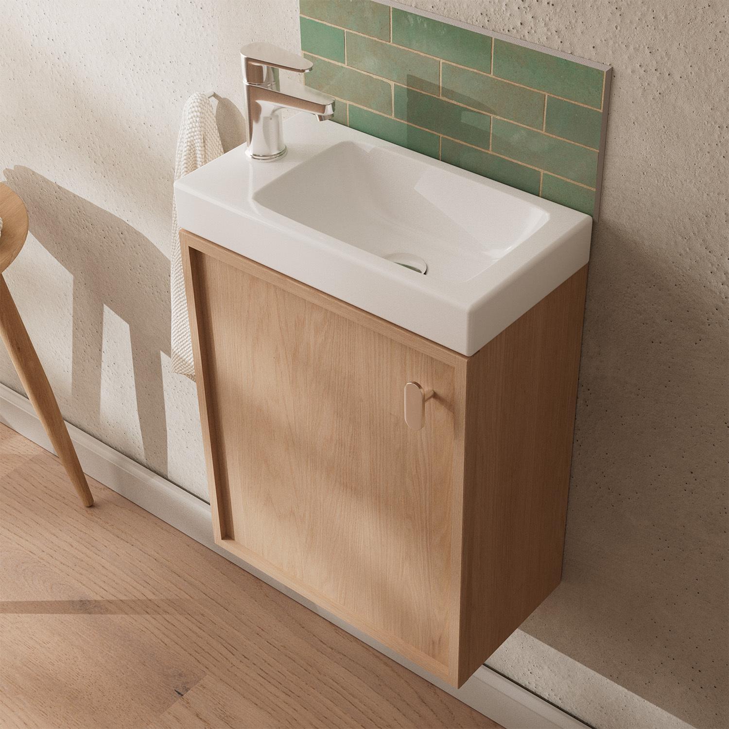 Ensemble meuble lave-mains décor chêne + robinet