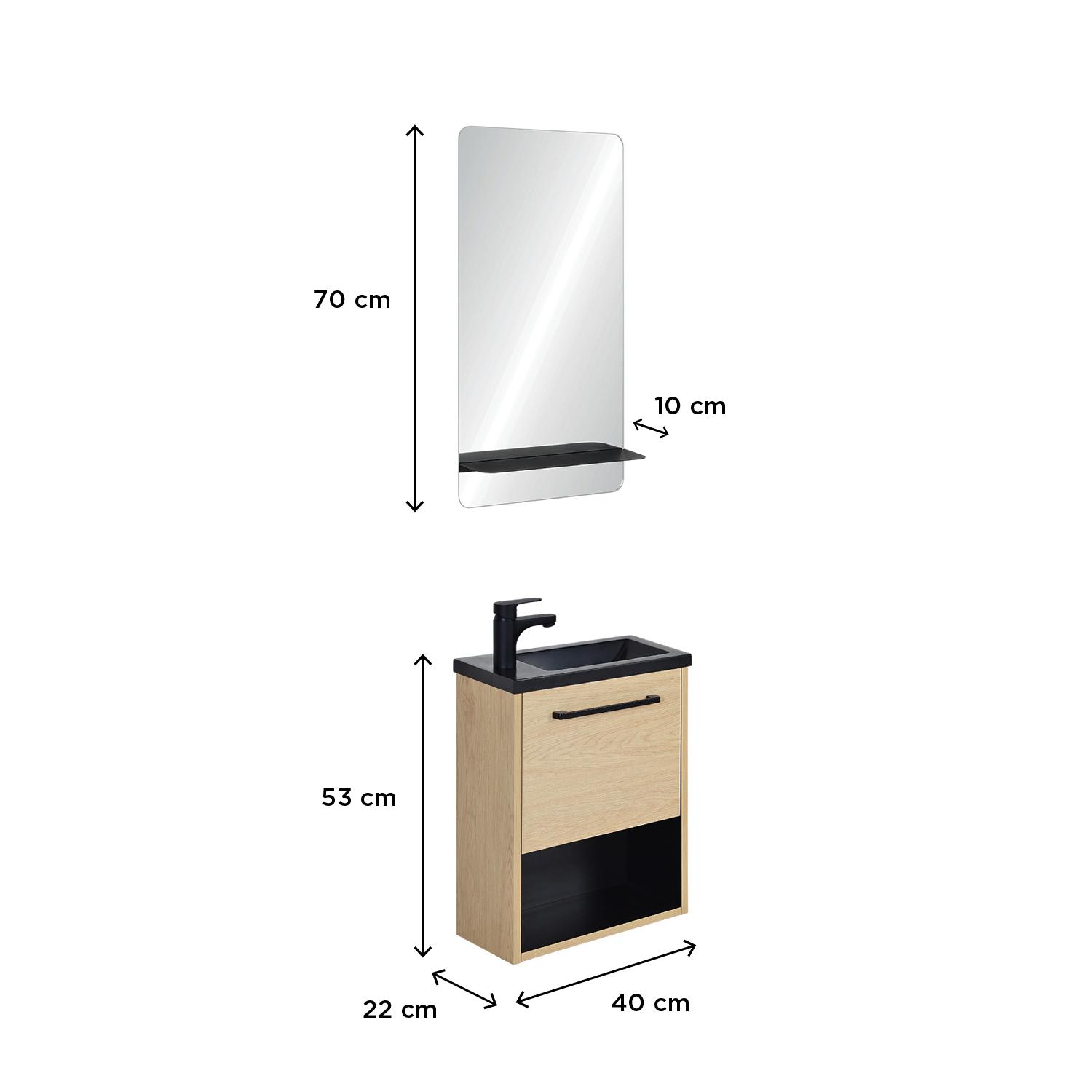 Ensemble meuble lave-mains chene et noir + Miroir SIMONA