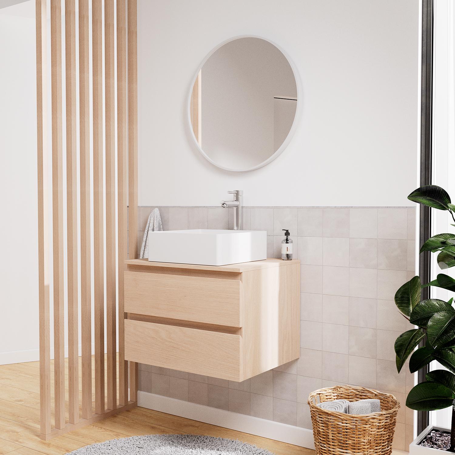Ensemble meuble simple vasque 60 cm + vasque COMA + robinet ROB + miroir EMA