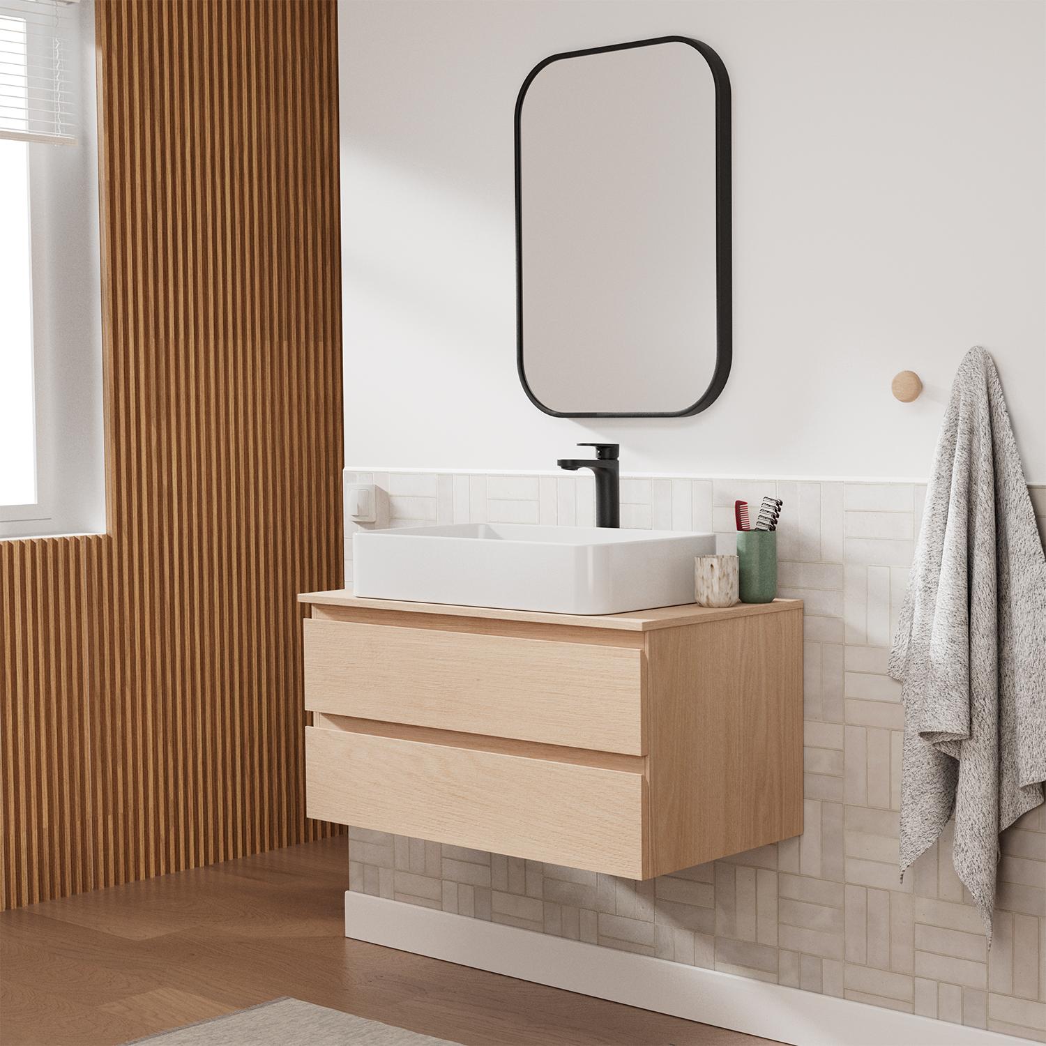 Ensemble meuble simple vasque 80 cm + vasque SADDY + robinet ROB + miroir LYA