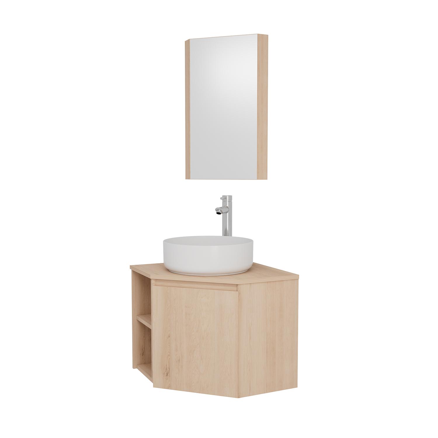 Ensemble meuble sous vasque d'angle + vasque DIEGO + robinet TAP + Armoire de toilette d'angle CLEO