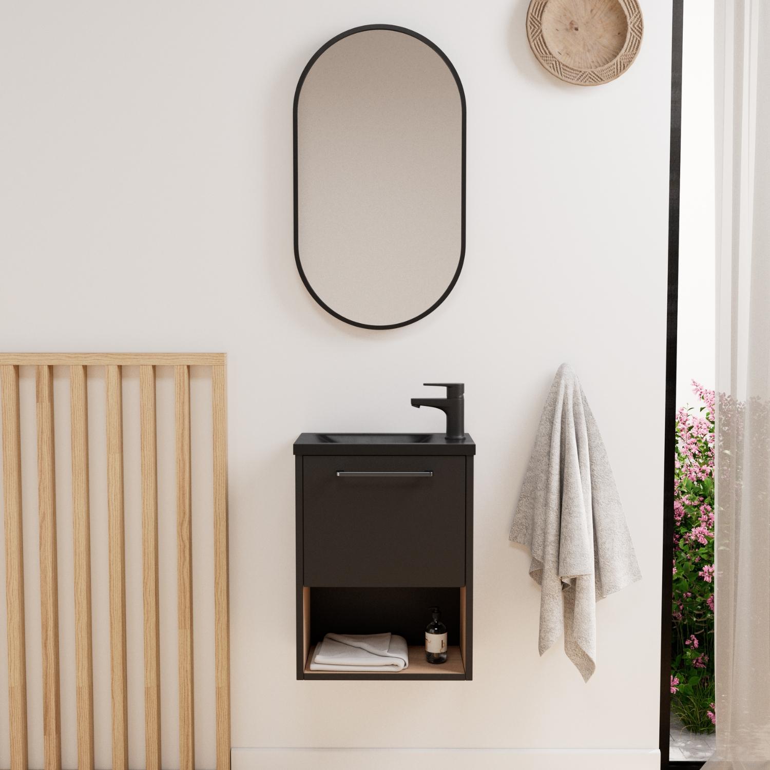 Ensemble meuble lave-mains NIKA + robinet GRIFO + Miroir PEPPER