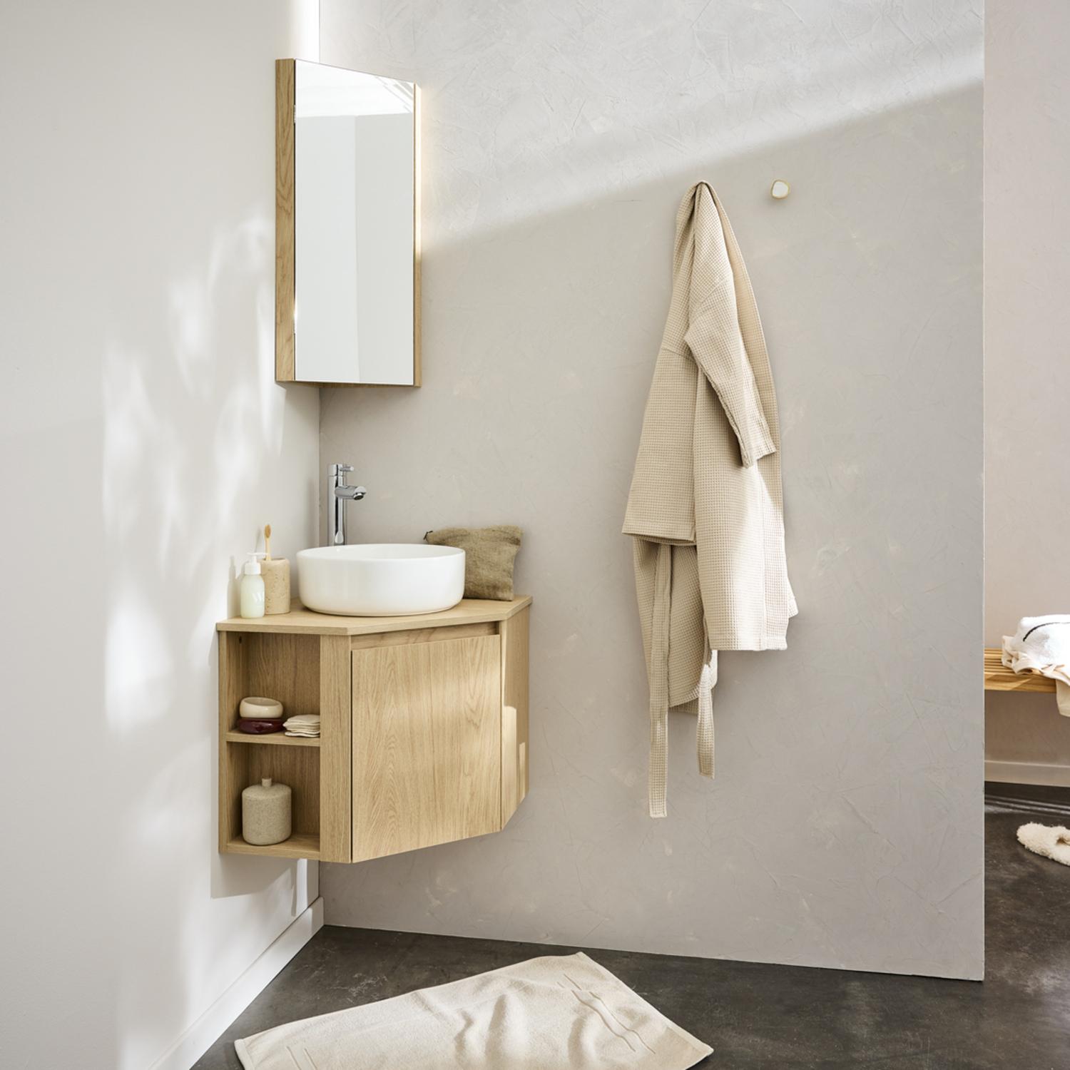 Ensemble meuble sous vasque d'angle + vasque DIEGO + robinet TAP + Armoire de toilette d'angle CLEO