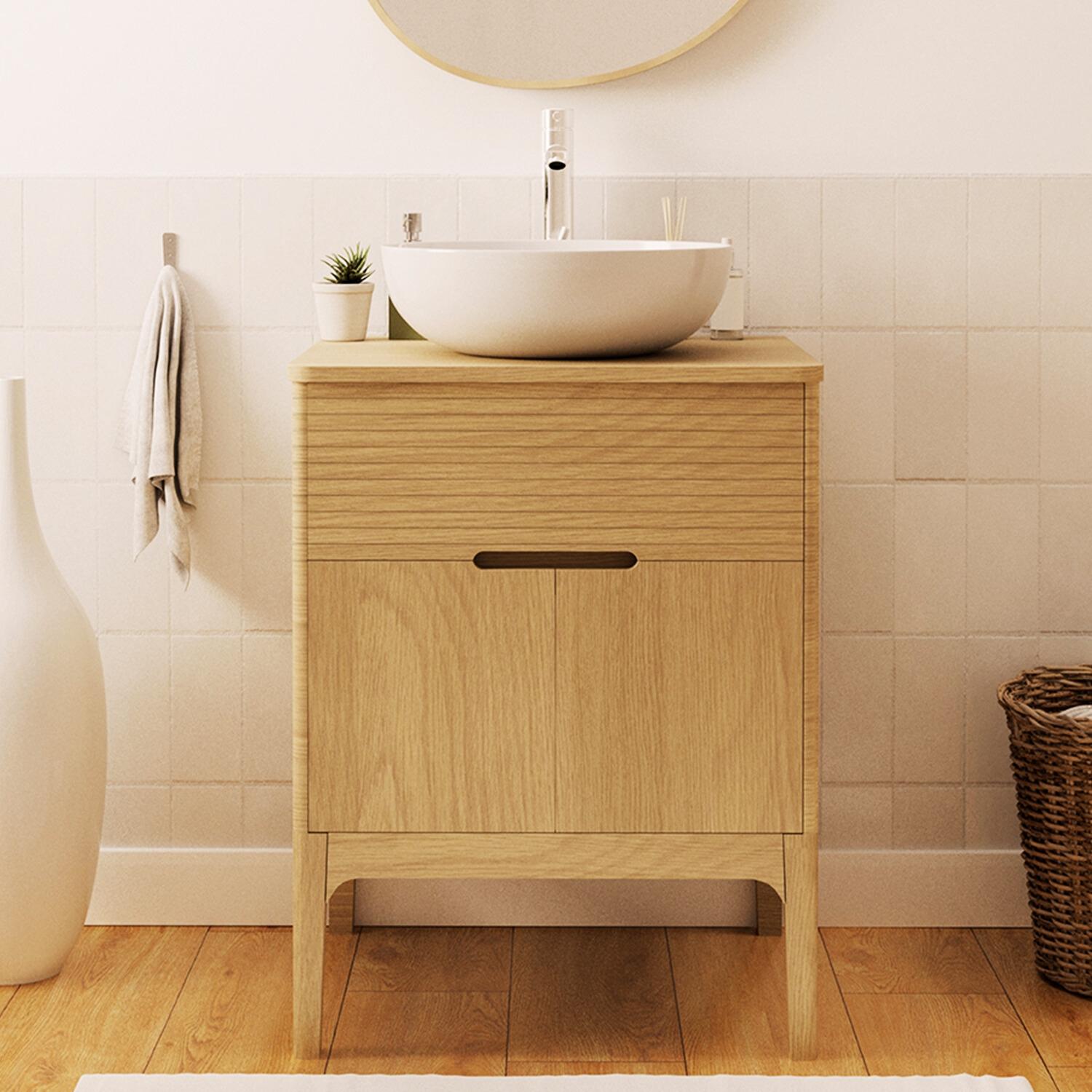 Ensemble meuble simple vasque 60 cm chêne naturel + vasque + robinet