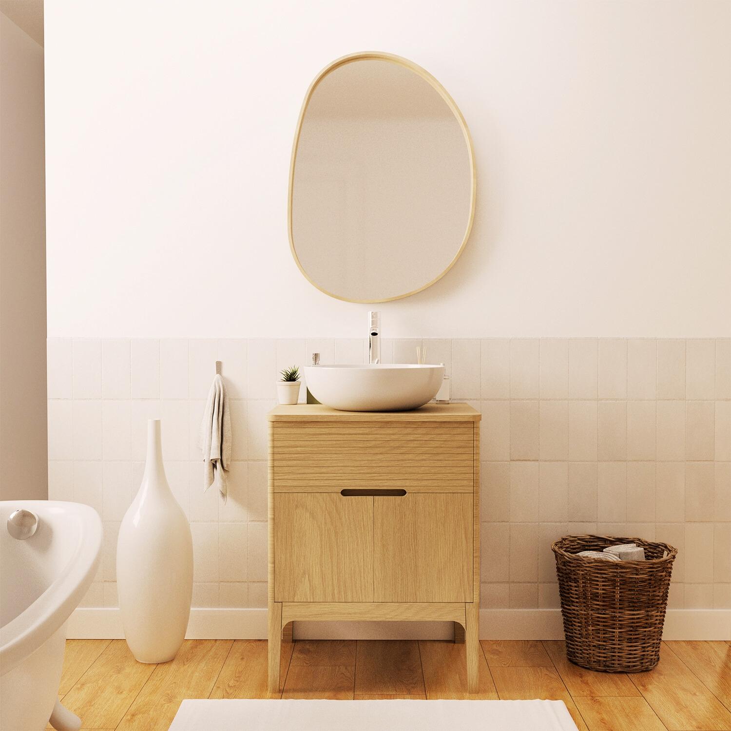 Ensemble meuble simple vasque 60 cm chêne naturel + vasque + robinet + miroir