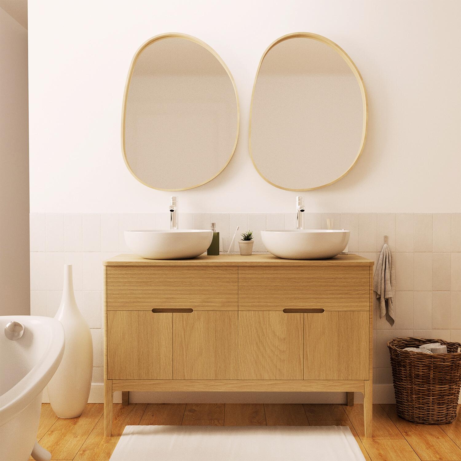 Ensemble meuble double vasque 120 cm chêne naturel + 2 vasques + 2 robinets + 2 miroirs