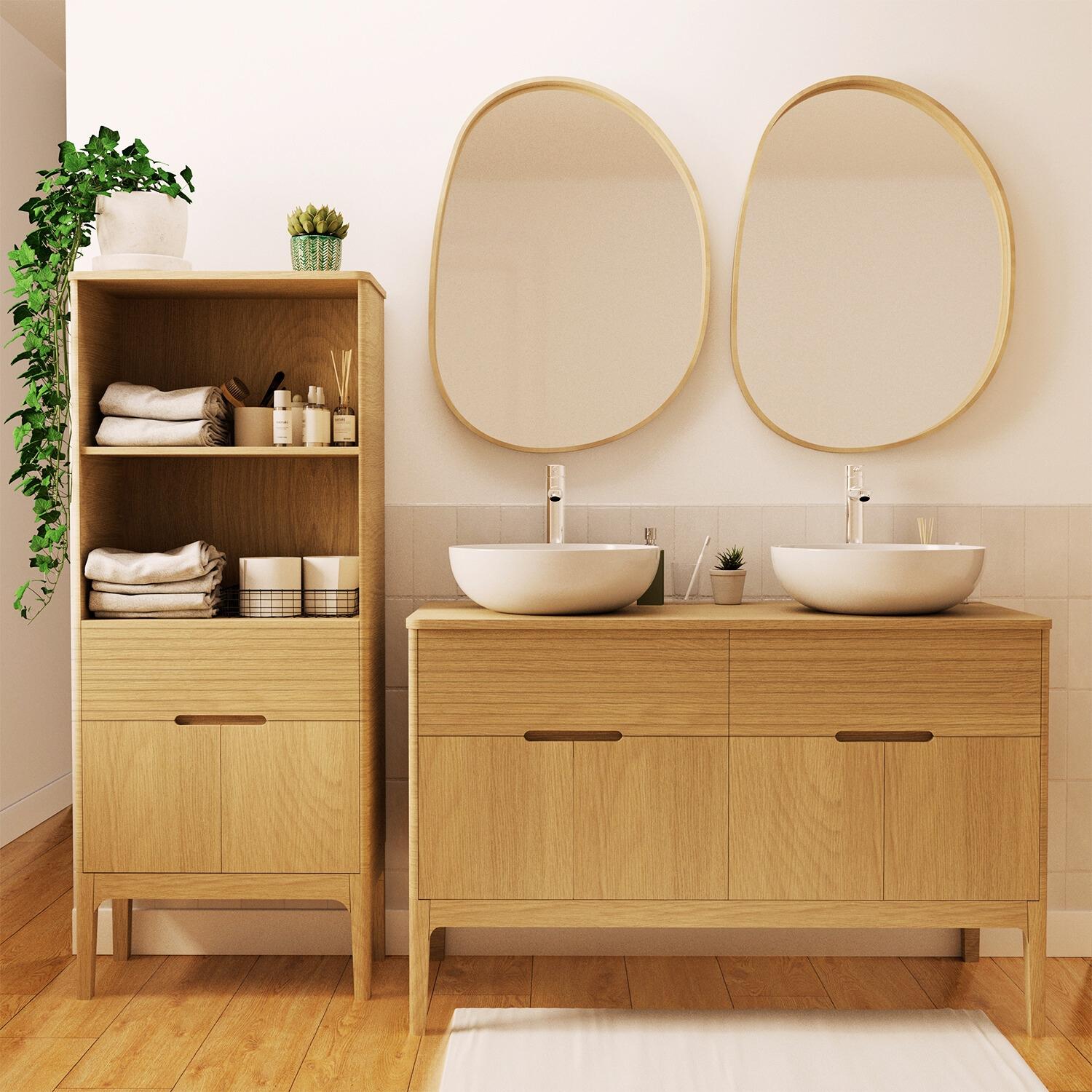 Ensemble meuble double vasque 120 cm chêne naturel + 2 vasques + 2 robinets + 2 miroirs + colonne