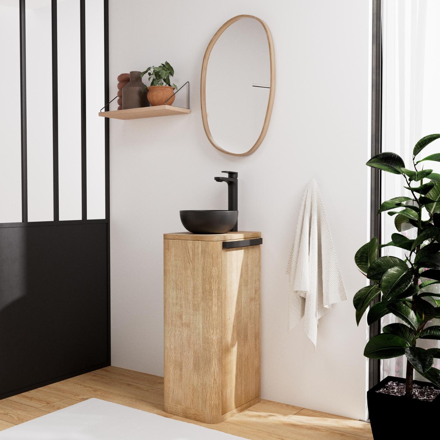 Ensemble meuble lave-mains TOM + vasque MAUD + robinet ROB + miroir OAKY
