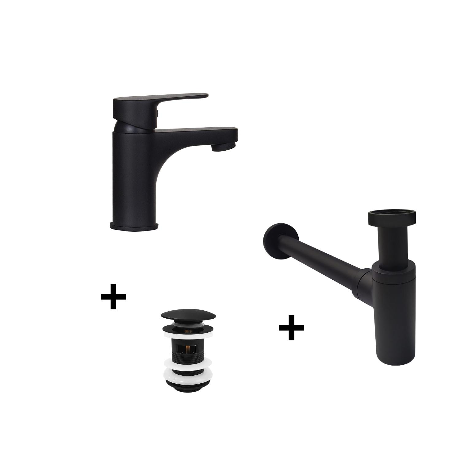 Robinet noir GRIFO + bonde avec trop plein CLINT + siphon SIMON