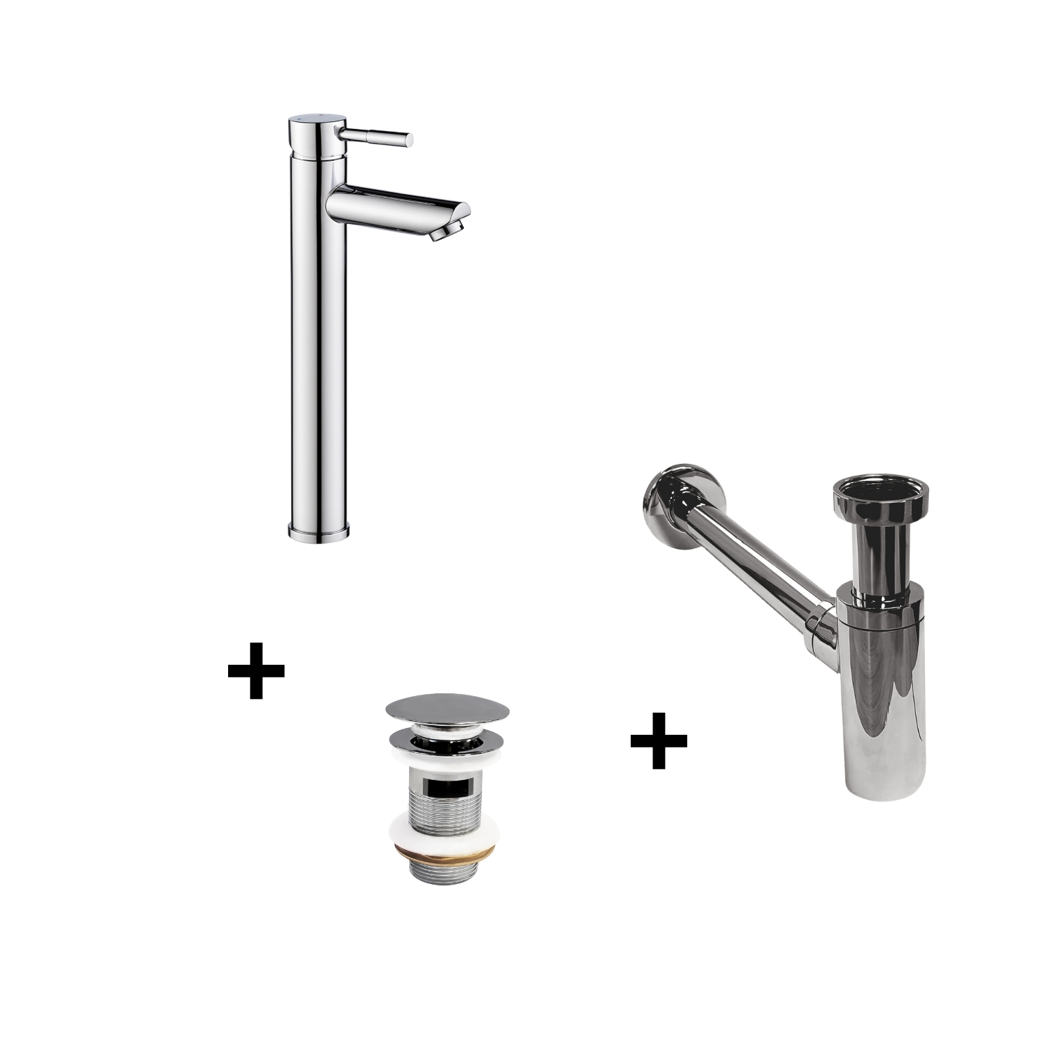 Robinet bec haut chromé TAP + bonde avec trop plein CLINT + siphon SIMON