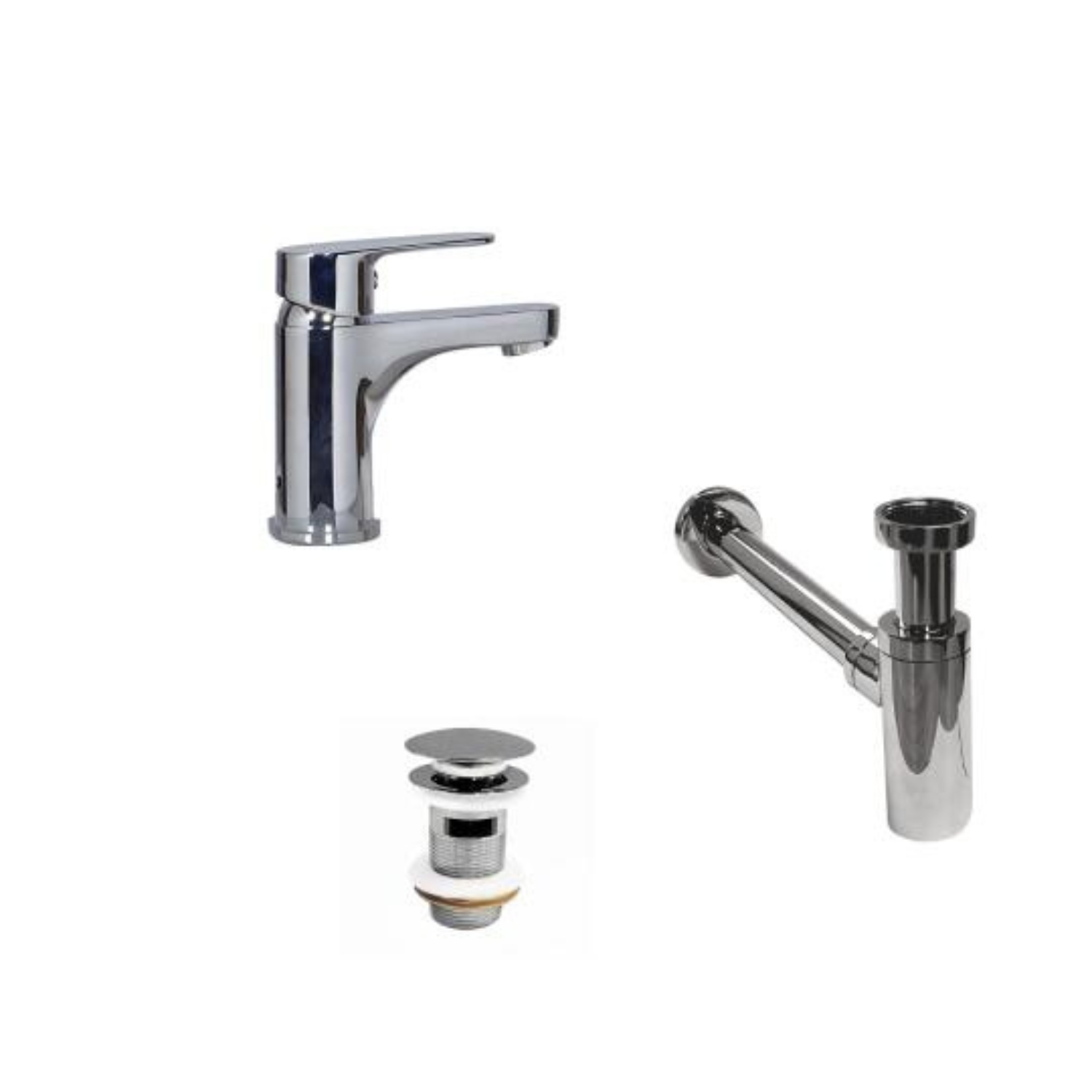 Robinet bec bas chromé TAP + bonde avec trop plein CLINT + siphon SIMON