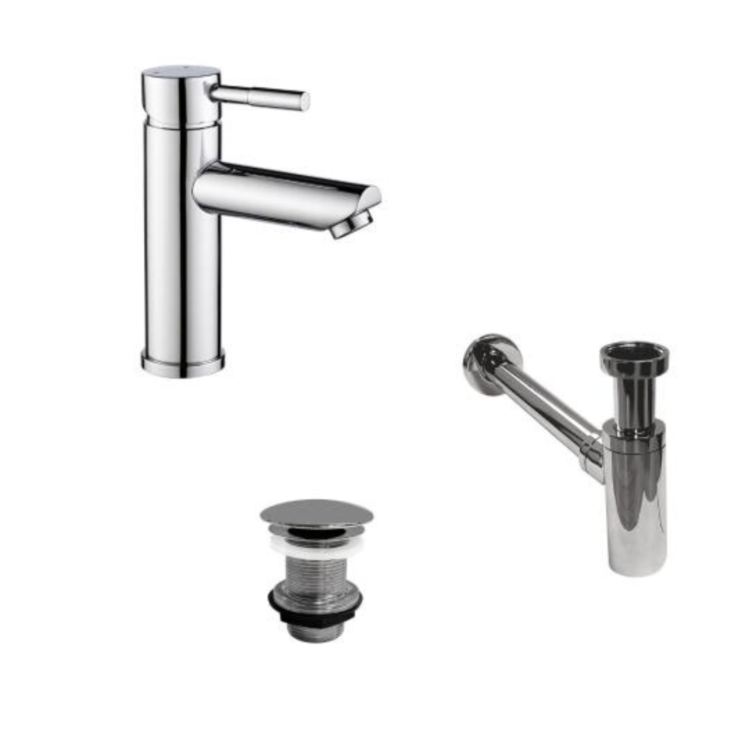 Robinet bec bas chromé TAP + bonde sans trop plein LIV + siphon SIMON