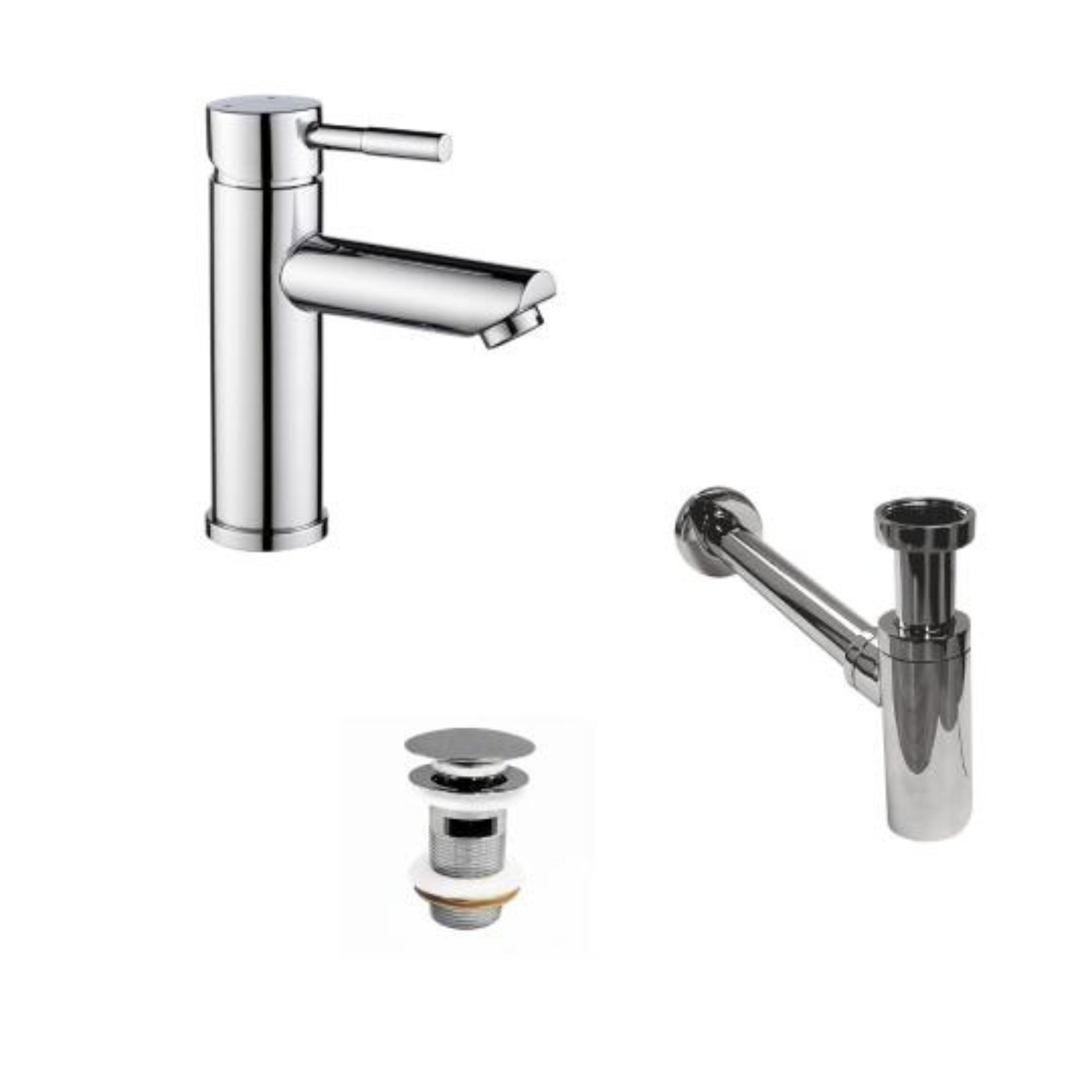Robinet bec bas chromé TAP + bonde avec trop plein CLINT + siphon SIMON